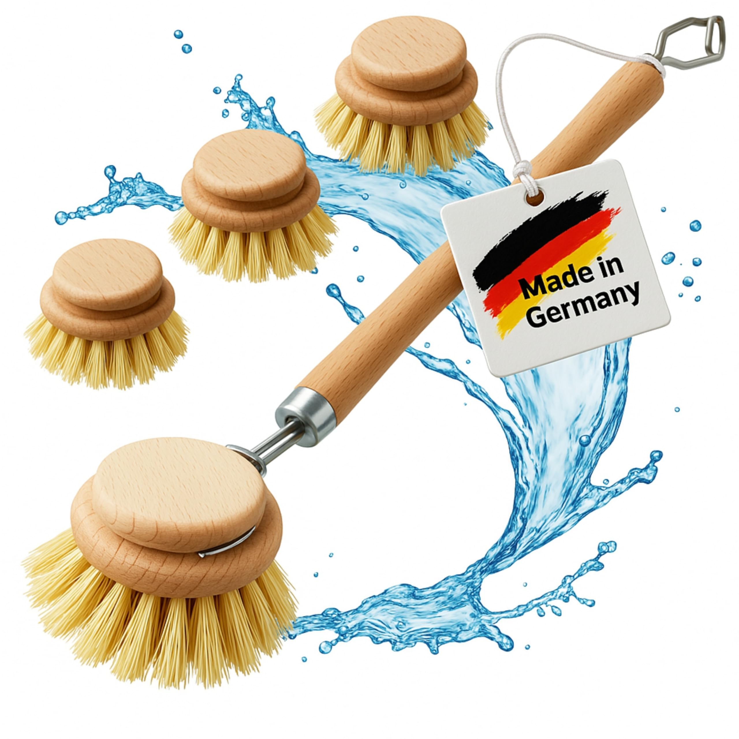FEINHOLZ Spülbürste Holz mit Wechselkopf im 4er Set mit Naturborsten, Made in Germany, nachhaltige Spülbürsten Holz mit 3 x Ersatzkopf, Abwaschbürste, Geschirrbürste, Küchenbürste, Bürste Küche