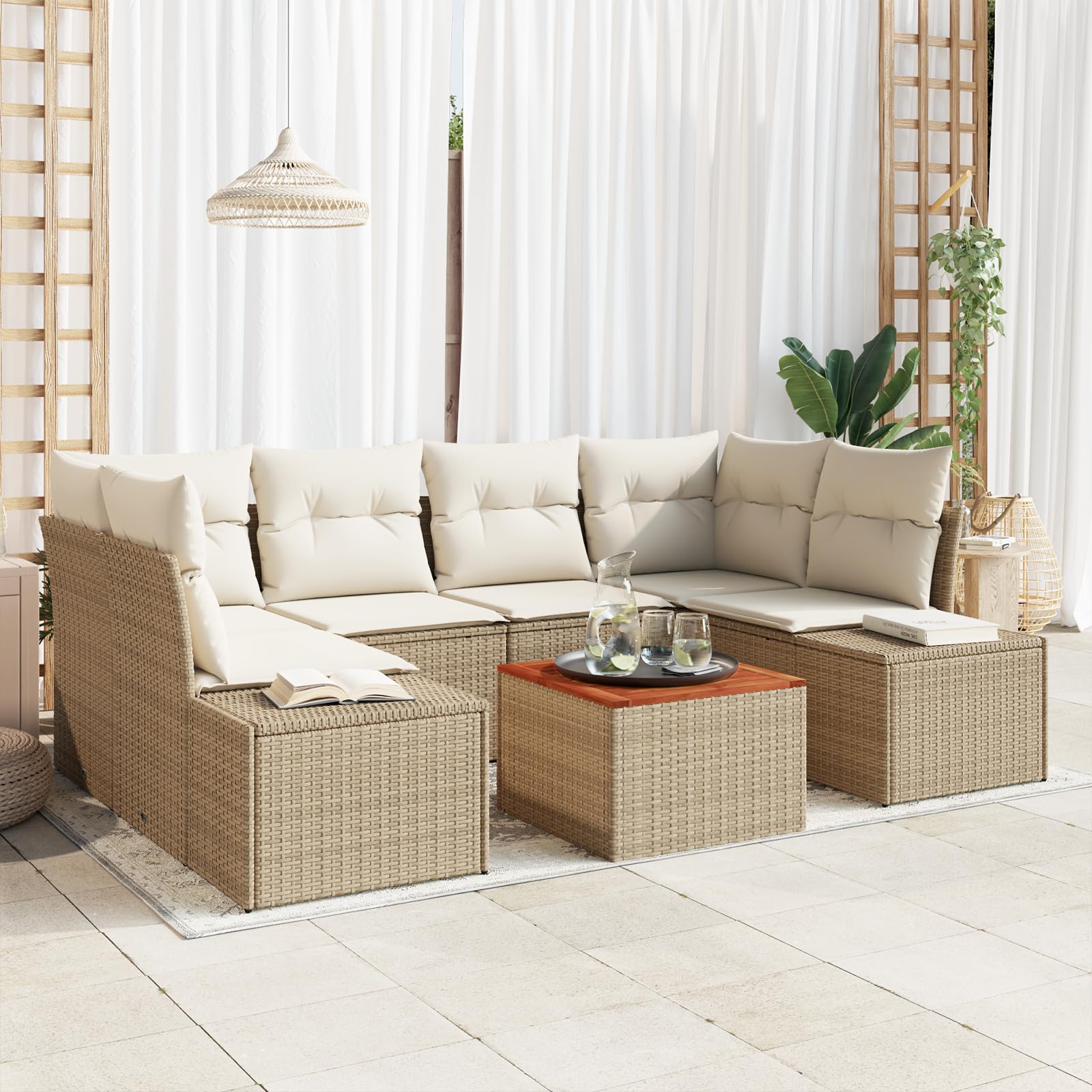 7-częściowy zestaw mebli ogrodowych z poduszkami, beżowy, polirattan, akacja, modułowa sofa ogrodowa, meble outdoorowe, przytulny, wygodny zestaw do siedzenia, ręcznie tkany