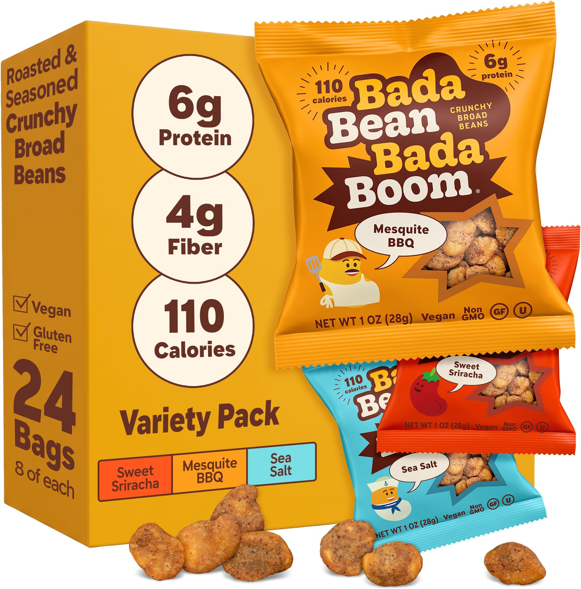 Bada Bean Bada Boom Plant-Based Protein, Gluten Free, Vegan, Crunchy Roasted Broad (Fava) Bean Snacks, 110 Calorie Packs, The Classic Box Variety Pack, 1 Ounce (Pack of 24)