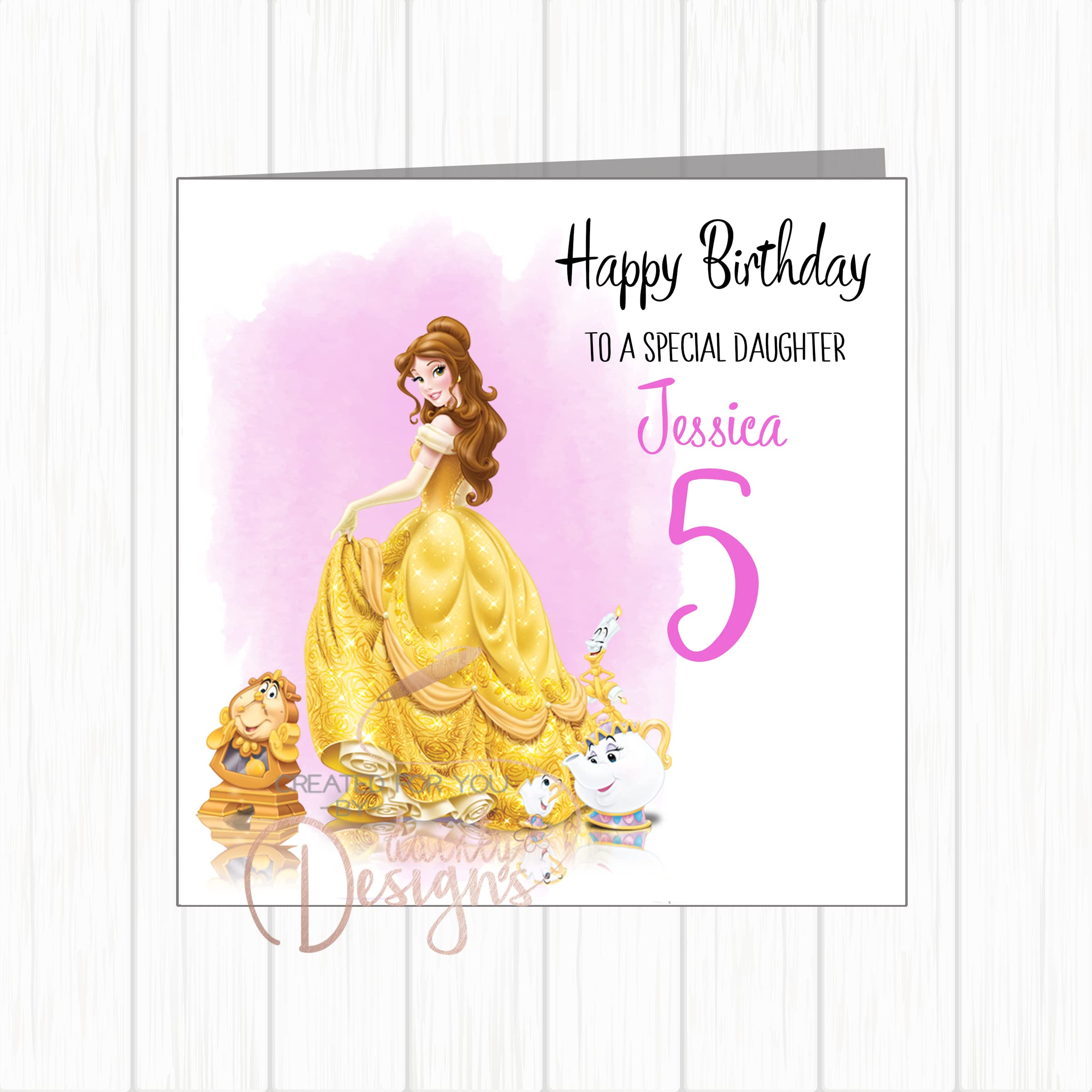 Personalised Beauty & The Beast Birthday Card Princess Belle Any Name Any Age Daughter Granddaughter Goddaughter Niece Sister Friend Little Girl