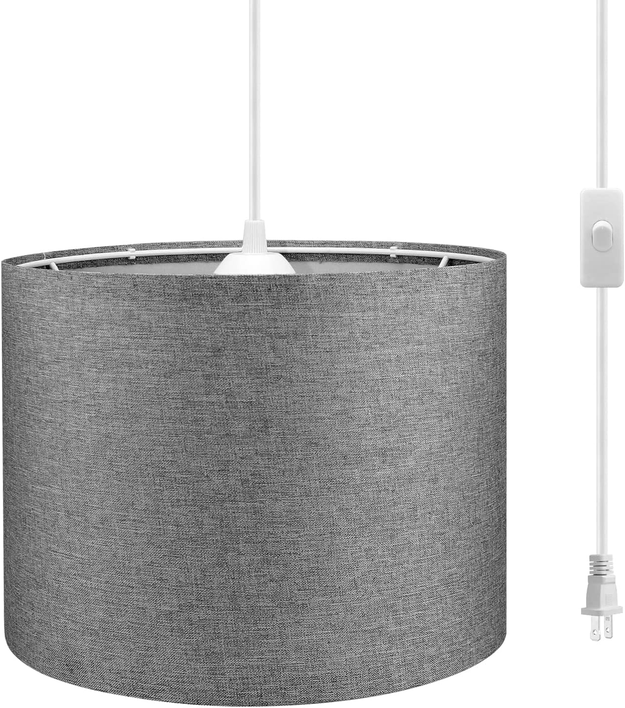 KUAUGST Plug-in Pendant Light with 15FT Cord, On/Off Switch & Gray Linen Shade - Easy No-Wire Hanging Lamp for Bedroom, Living Room, Kitchen