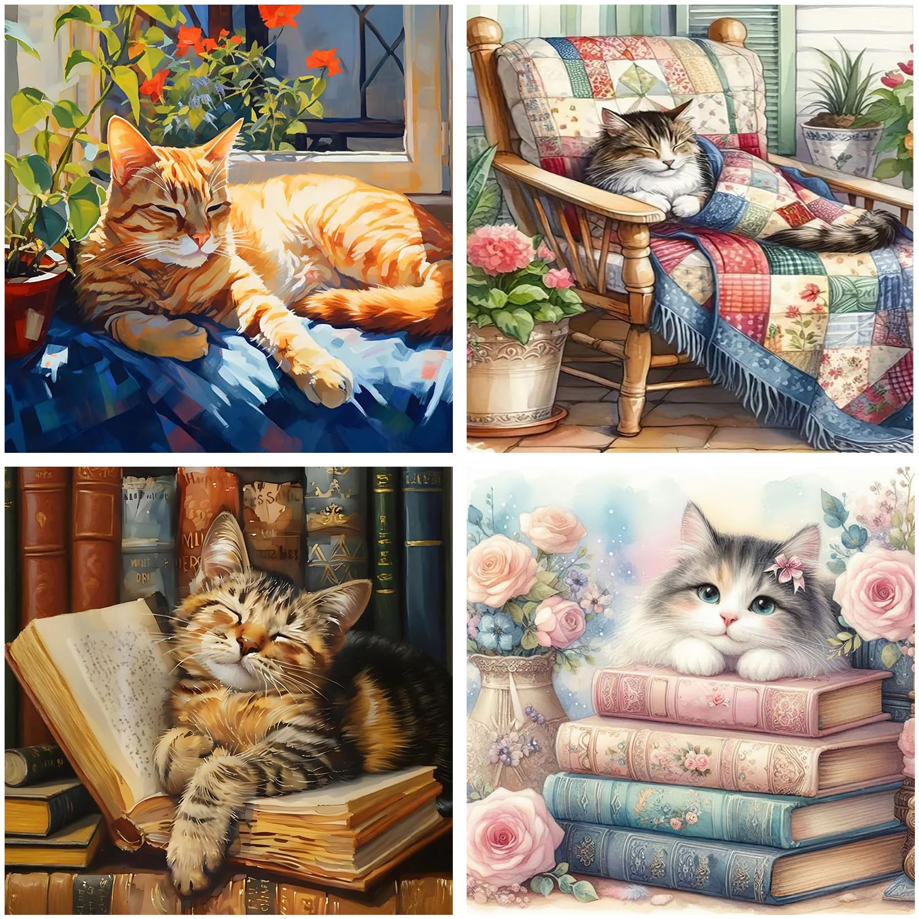 mrpwnle Confezione da 4 kit per pittura con diamanti a forma di gatto per adulti, kit per pittura con diamanti 5D per adulti e principianti, kit per decorare le pareti della casa, 35 x 35 cm
