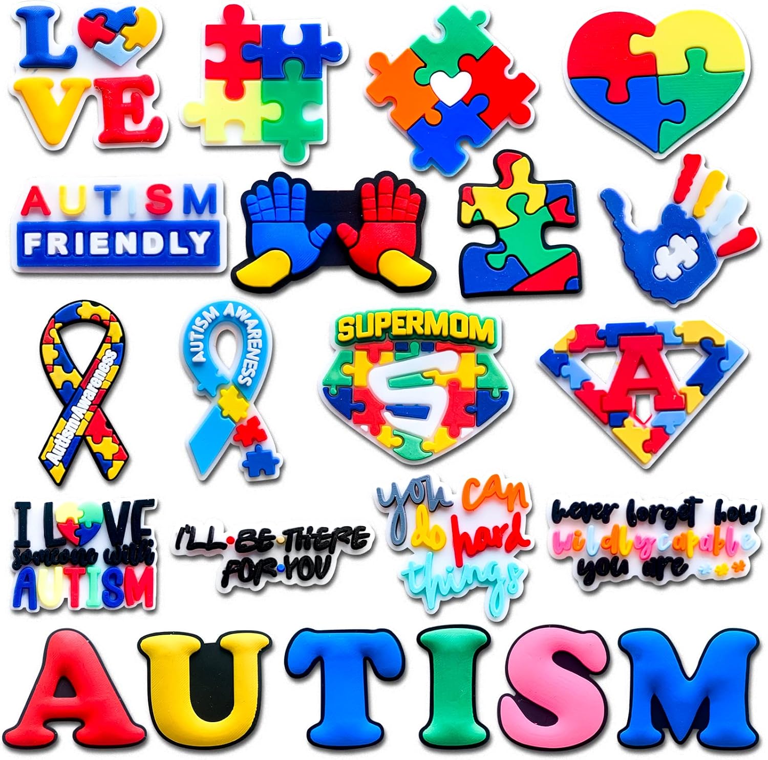 Wlyosvje 22PCS Autism Awareness Shoe Charms Decoration for Clog Sandals, Encourage Charms Accessories