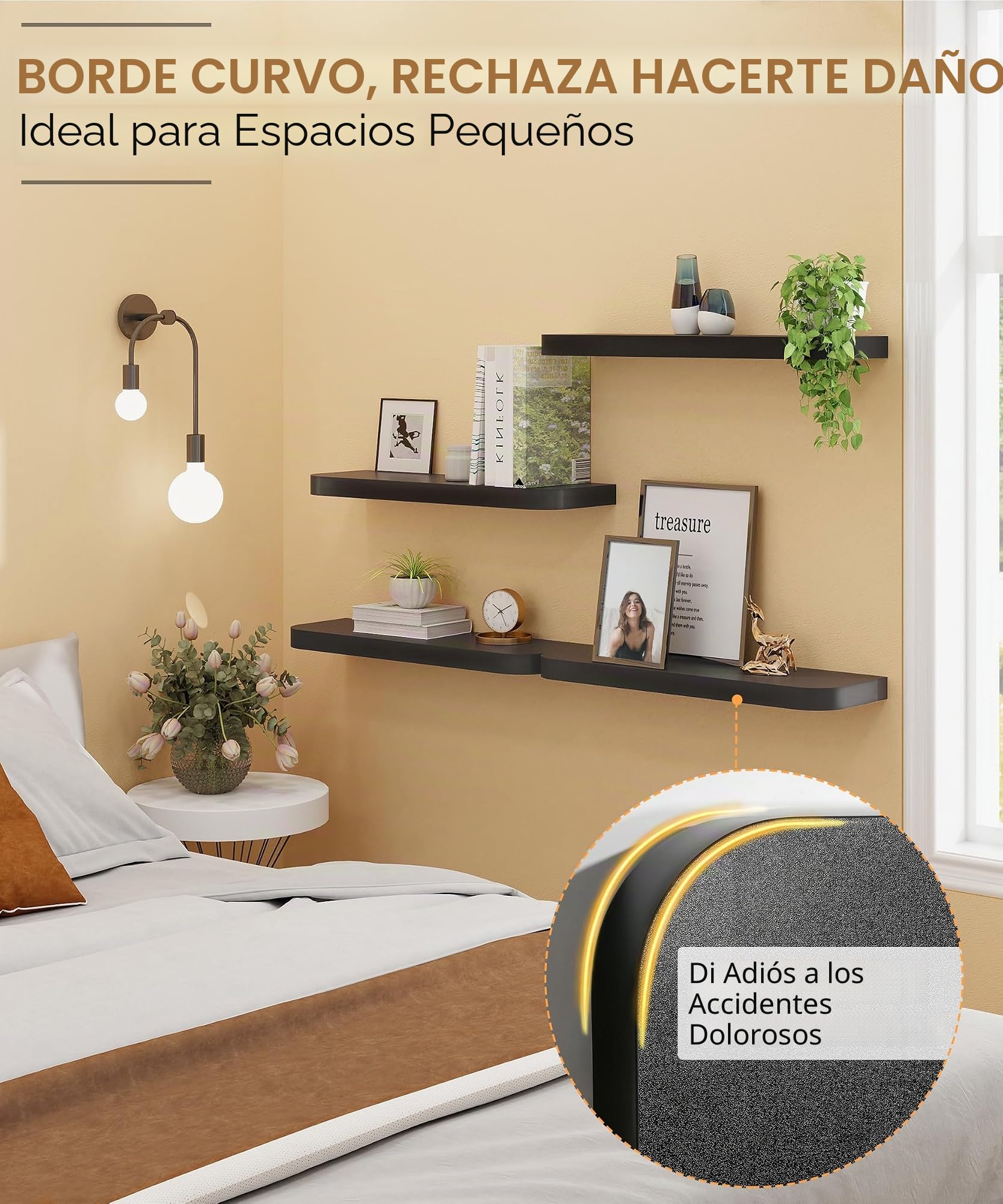 Gronda Estantería de Pared Larga Negra, Baldas de Madera con Borde Curvo | 60cm Baldas de Madera Juego de 2, Repisas de Pared, Almacenaje, Decoración, Balda Flotante para Fotos, para Salón