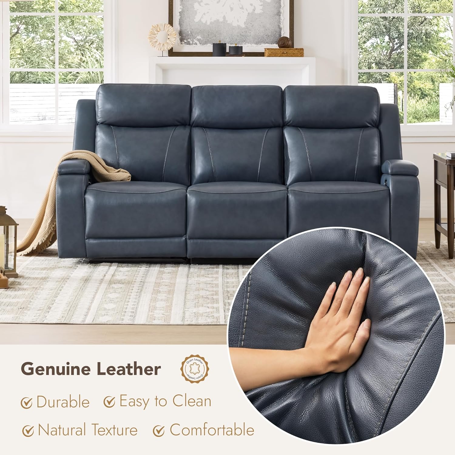 Watson & Whitely Genuine Leather Power Recliner Sofa and Loveseat Set, Zero Gravity Reclining Couch with Storage Console, Power Headrest & Wireless Charging, Cup Holders for Living Room, Navy Blue