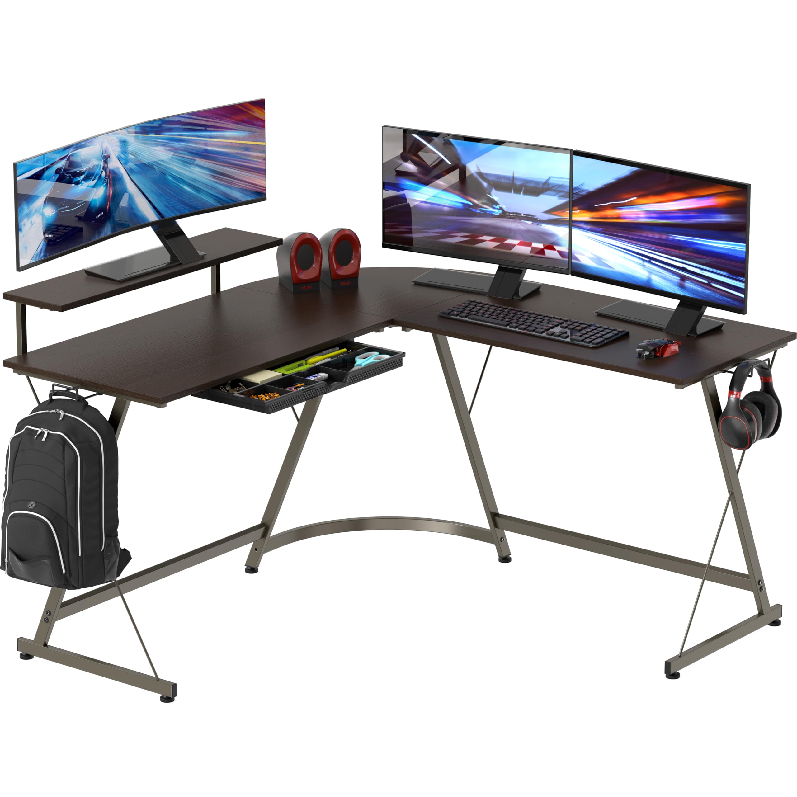Shw Espresso Vista L-Shape Desk With Monitor Stand,