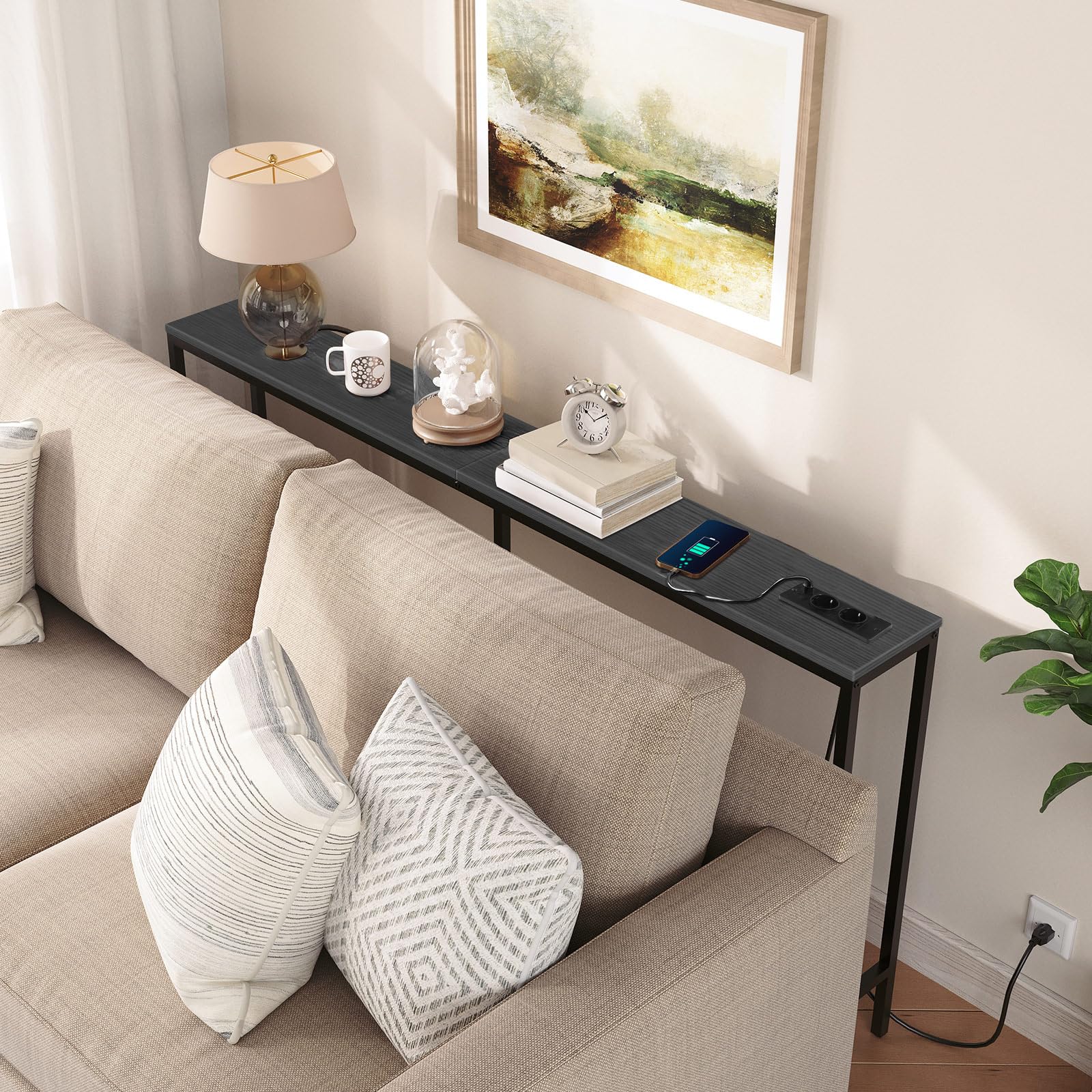 MAHANCRIS Mesa Consola Delgada con Estación de Carga, Mesa Auxiliar de 160 cm, Mesa de Pasillo Detrás de Dofá, Mesa Expositora para Sofá, Pasillo, Sala de Estar, Negro ACTBK165UE01