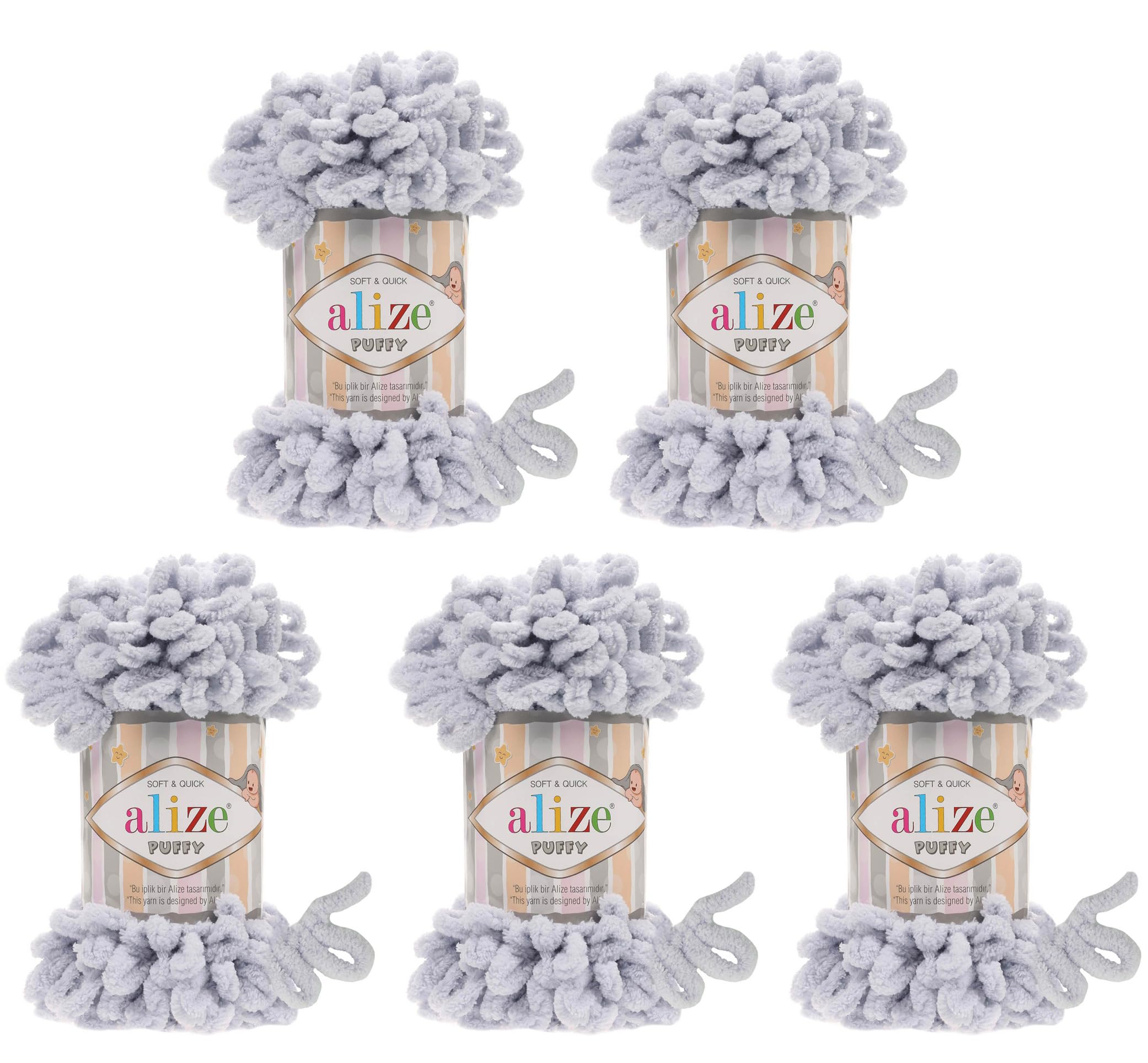 Alize Puffy 5 x 100 g wool, 500 g of yarn for finger knitting, extra bulky wool with loops for knitting without using needles Grau 416