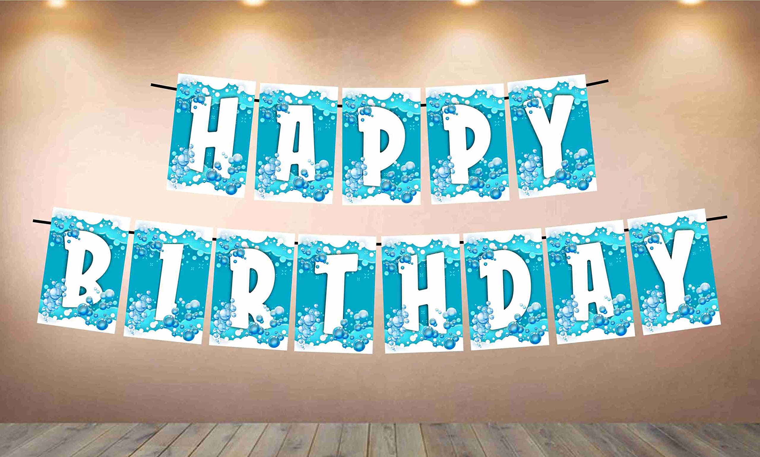 Partyzon Bubbles and Water Theme Happy Birthday Kids Banner for Birthday Decoration Backdrop and Theme Party with Ribbon