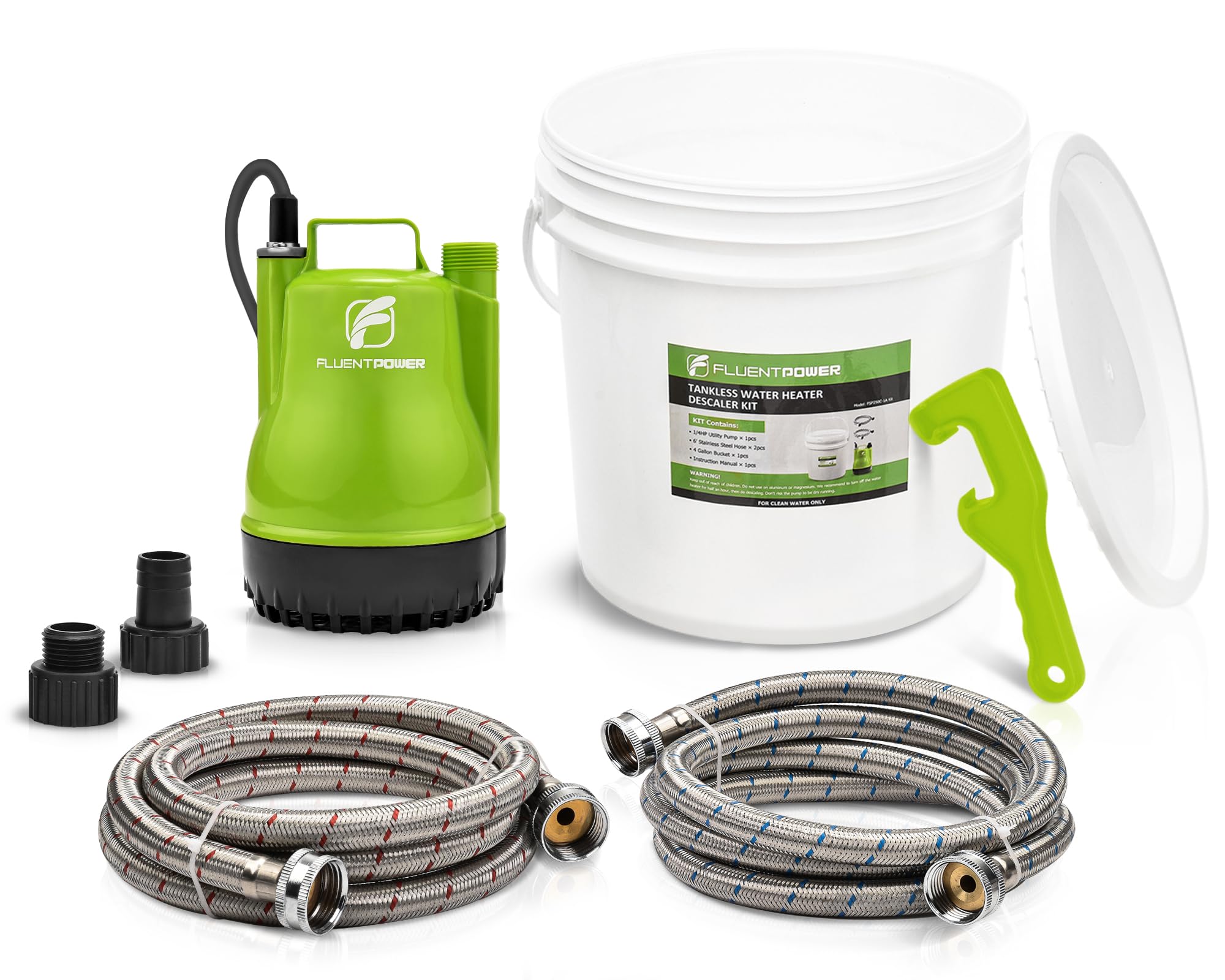 FLUENTPOWER Tankless Water Heater Flushing Kit, Includes 1/4HP Submersible Utility Water Pump, 4-Gallon Pail with Bucket Lid Opener, Two 3/4"GHT x 6' Stainless Steel Color Coded Hoses