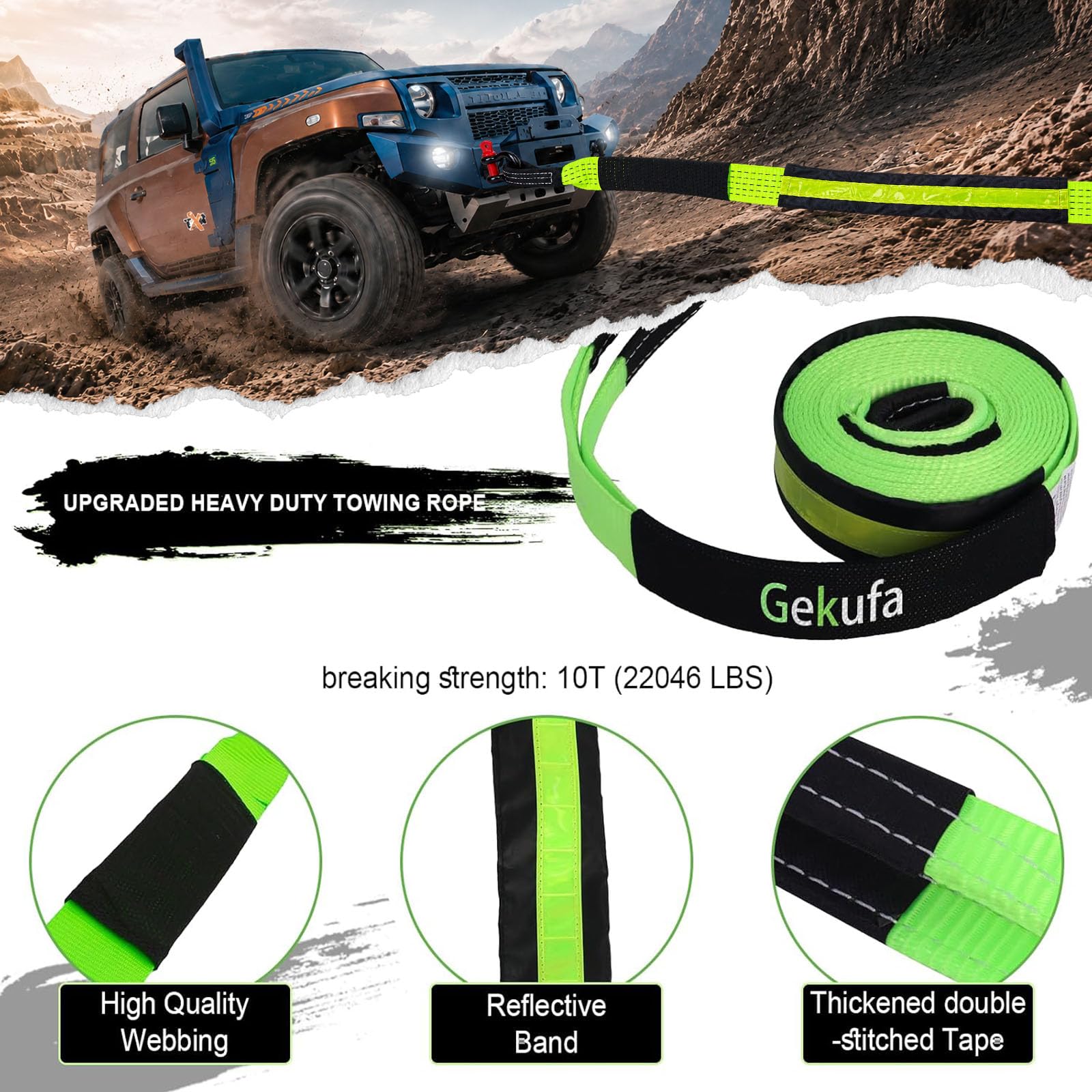 Abschleppseil, 5 m x 5 cm, 10 Tonnen (10 kg), Off-Road-Abschleppgurt mit 2 rutschfesten Handschuhen, 2 verstärkten Schäkeln (grün)