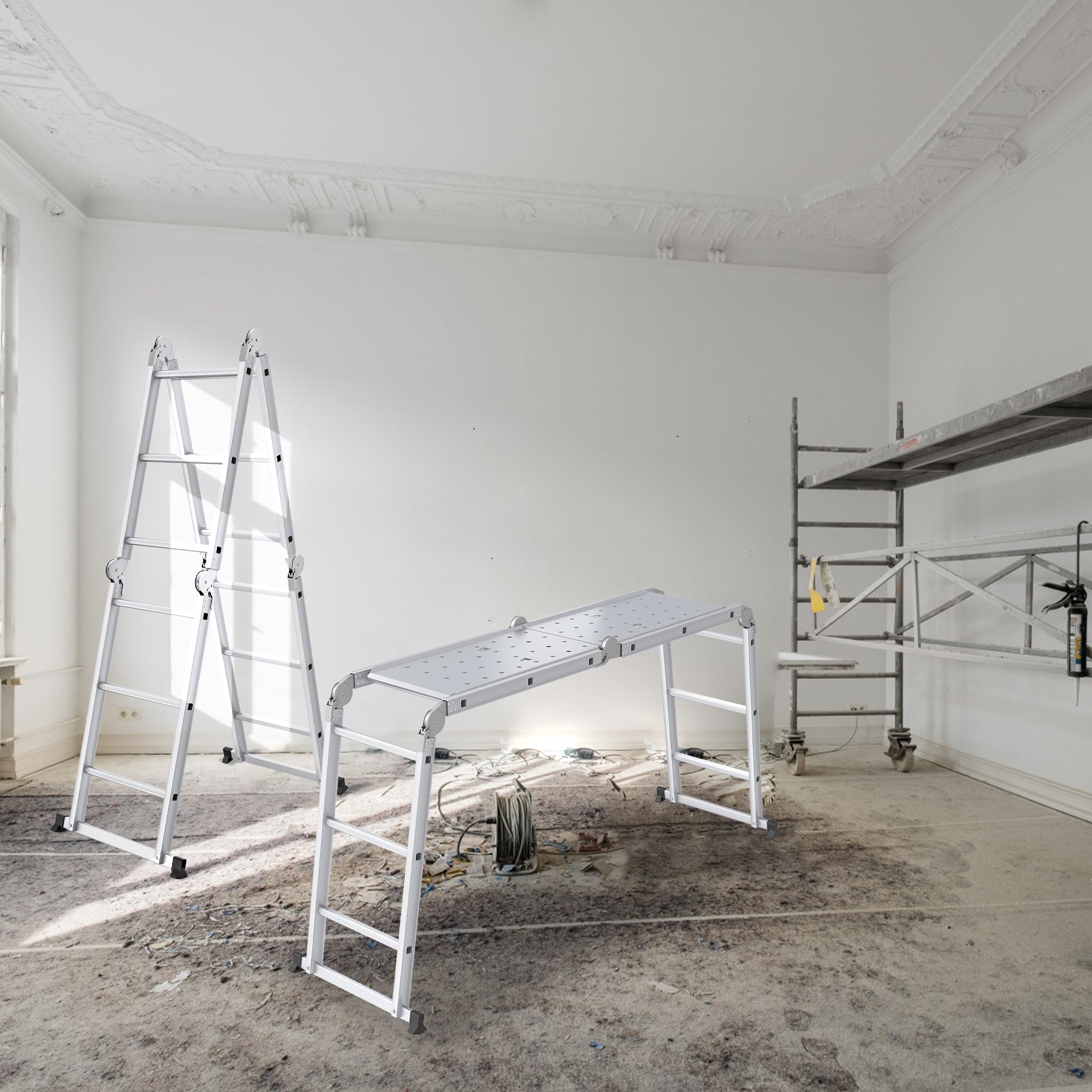 YUENFONG Aluminiowa drabina wielofunkcyjna, 550 cm, drabina składana, z 2 platformą, do 150 kg (4 x 5 stopni)