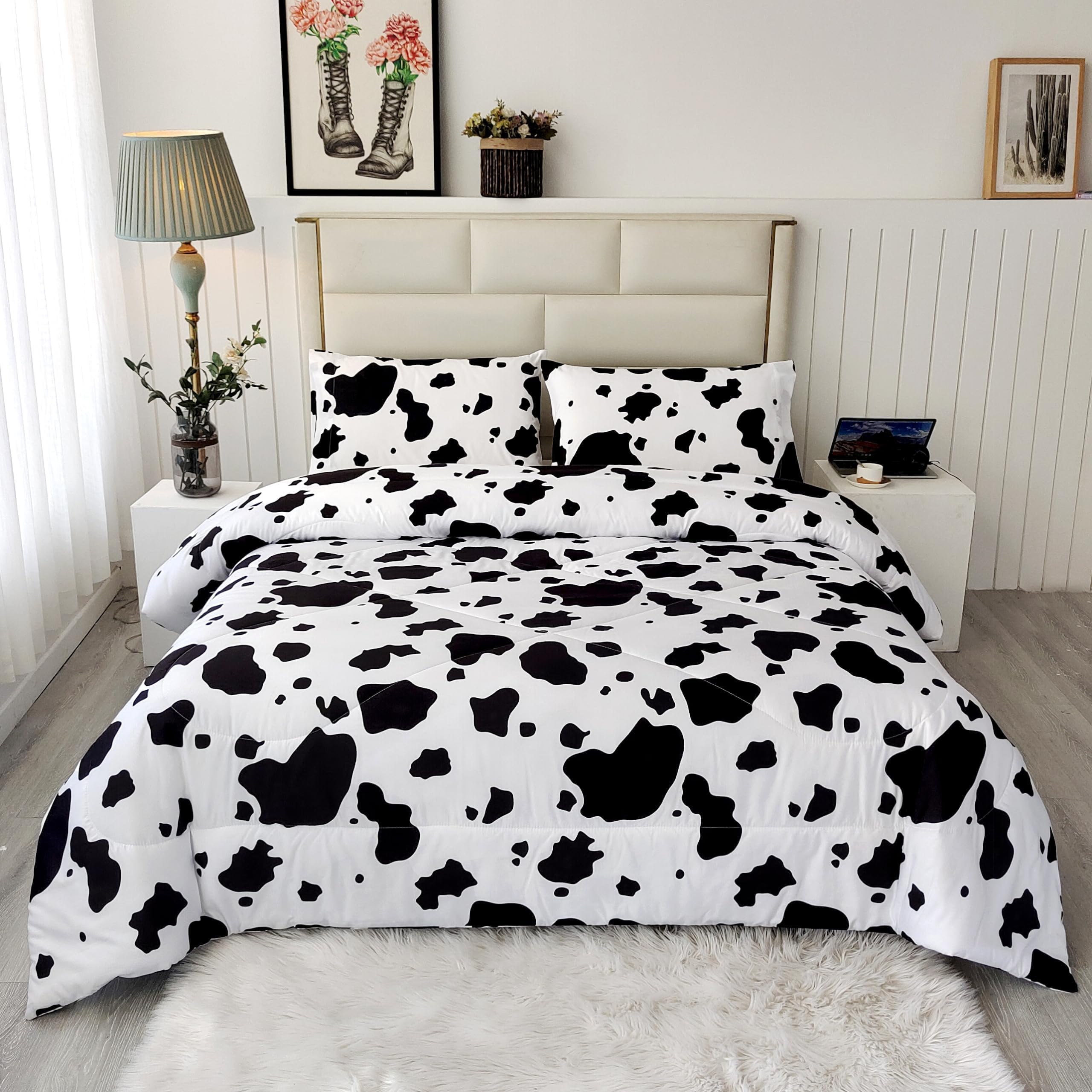 SDY 3 Pieces Milk Cow Print Stuff Bedding Comforter Set with 2 Pillowcases for Kids Teens Girls Women, Microfiber, Easy Wash, Light Breathable Cozy
