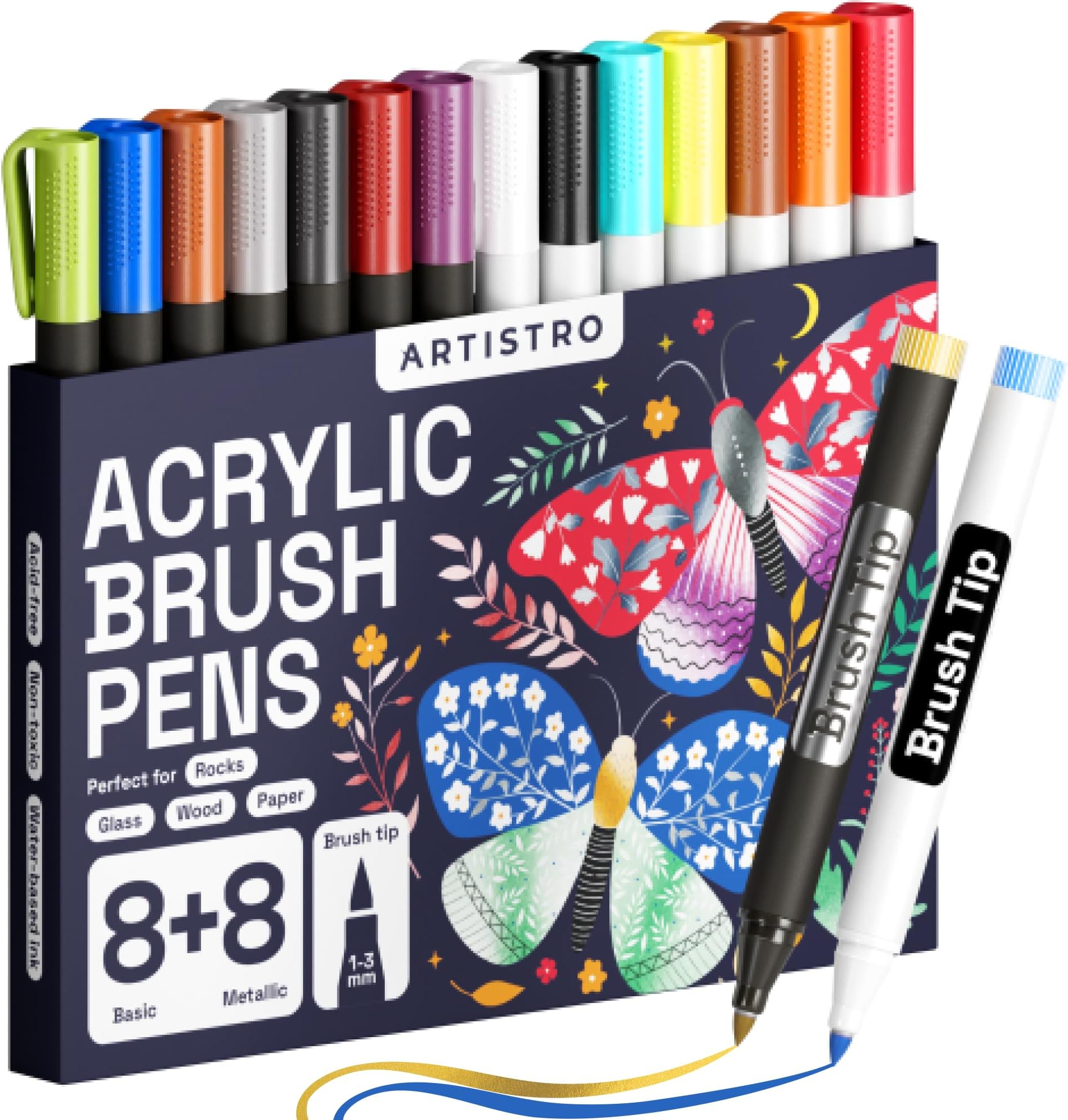 Acrylic Paint Pens Brush Tip, 8 Metallic & 8 Basic Colors Acrylic Paint Markers. Set for Rock Painting, Calligraphy, Scrapbooking, Brush Lettering, Card Making, Sketching, Black Paper, DIY Photo Album