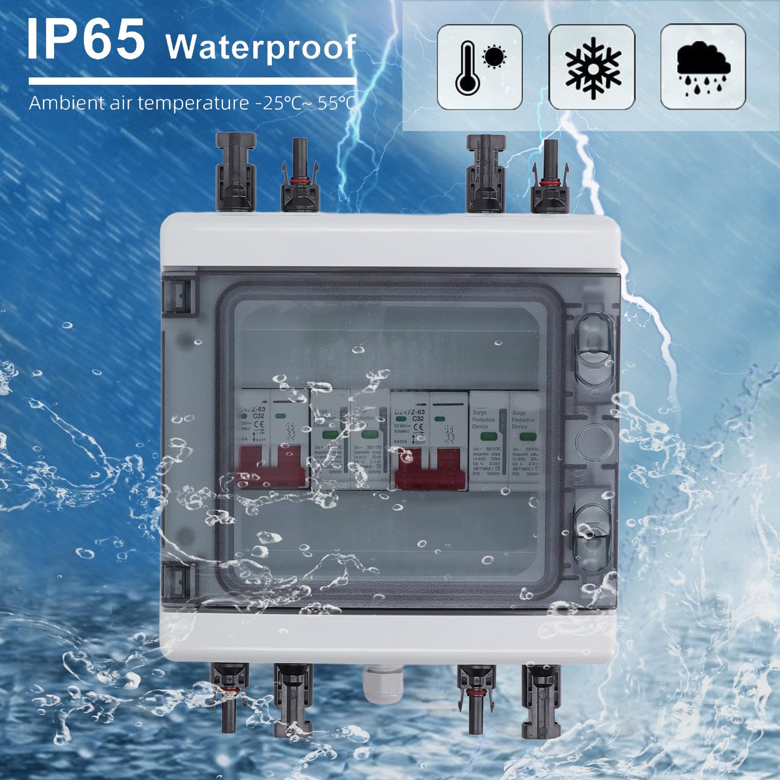 Generic Wyłącznik Fotowoltaiczny DC 500 V 32 A IP65 Wyłącznik Izolacyjny z Pudełkiem do Ochrony Słonecznej, Wodoodporny Ogranicznik przepięć do Systemów Solarnych Poza siecią