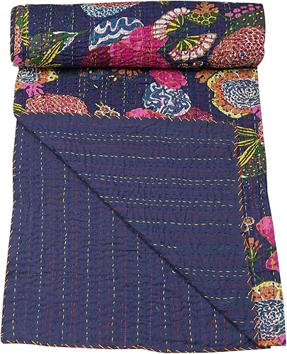 Vista 53 de Marubhumi Colcha Kantha reversible de algodón puro cosido a mano con estampado de frutas indias, edredón Kantha reversible (C verde, Queen
