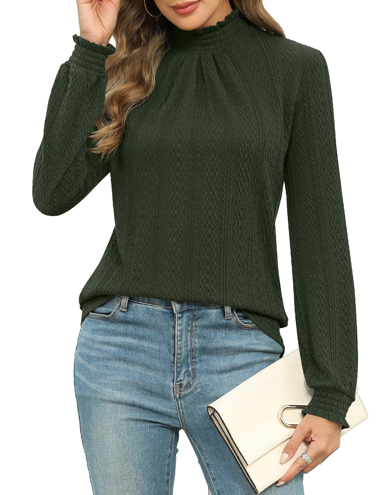 Micoson Womens Mock Neck Blouses Pleated Textured Shirts Long Sleeve Stretch Casual Tunic Tops Dressy Fashion Blouse