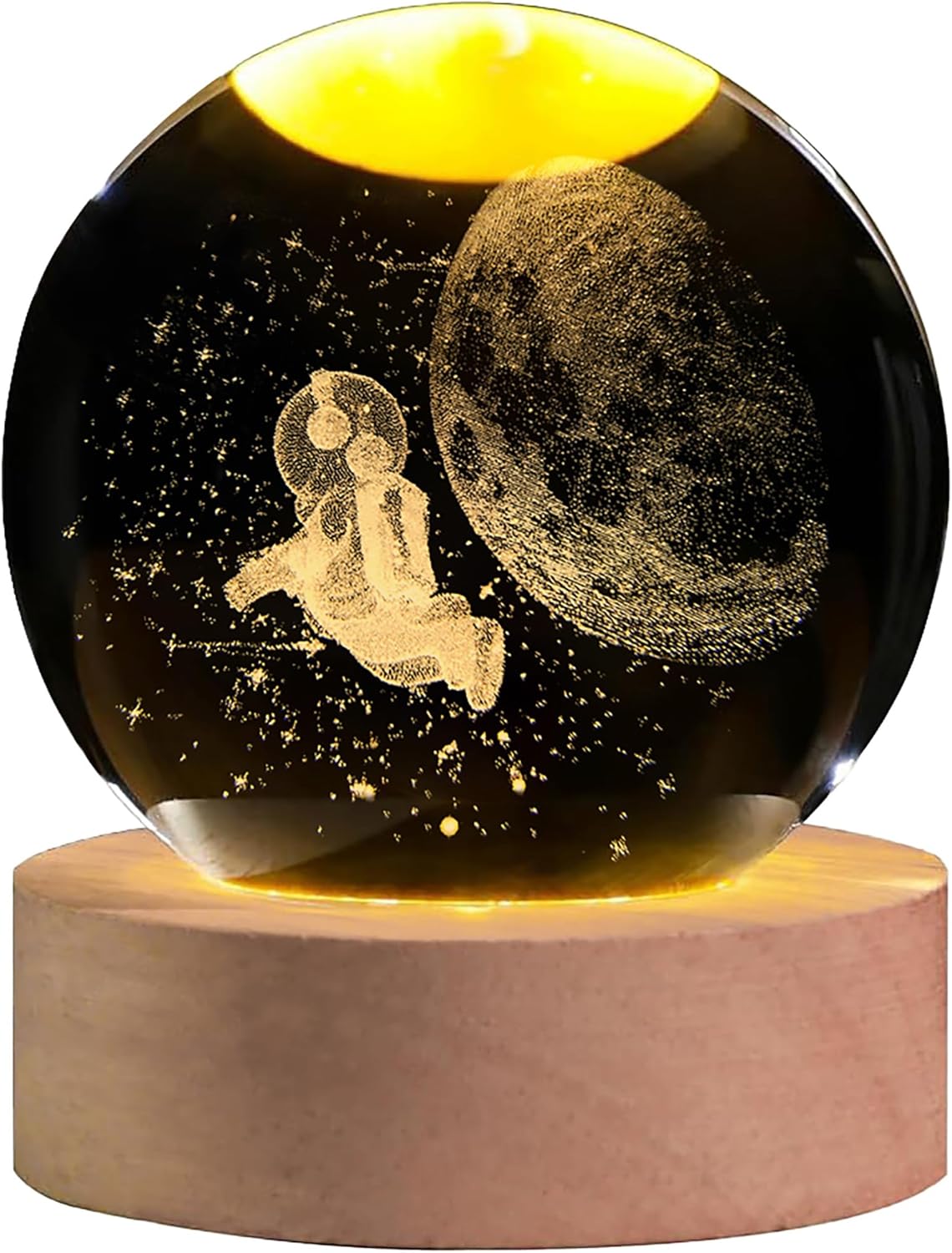 3D Moon Crystal Ball with LED Stand, Moon Figurine Decor Glass Sphere Lamp, Space Planet Globe Night Light Gifts for Women Men Mom Kids