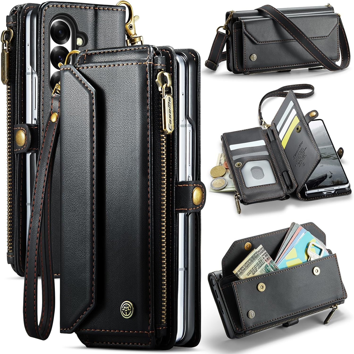 for Samsung Galaxy Z Fold7 Case, Women Men Multi-Function Wallet Case with Stand RFID Blocking Featuring Magnetic Closure Zipper S Pen Holder Includes Shoulder Strap Wrist Strap (Black)