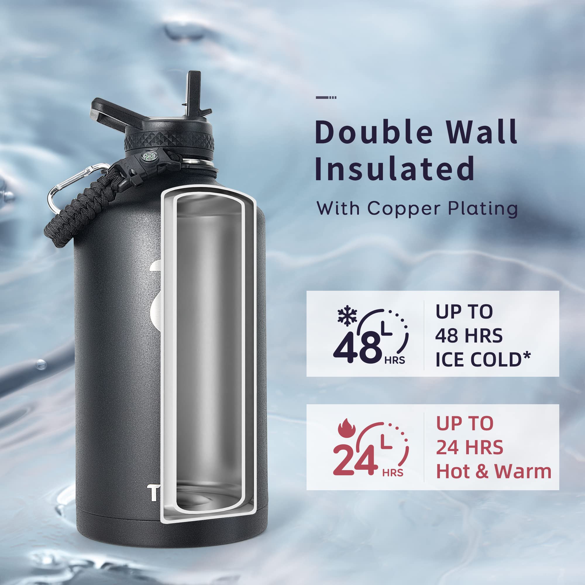 Trebo One Gallon Water Bottle Insulated with Paracord Handle,128oz Large Vacuum Double Wall Stainless Steel Insulated Jug with Straw Spout Handle Lids, Leakproof Keep Cold & Hot,Black