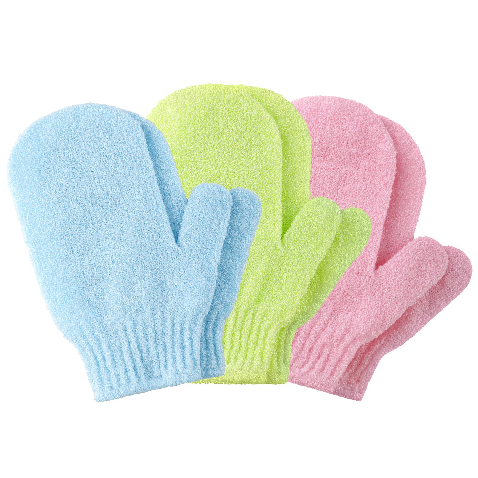 6pcs Exfoliating Gloves, Exfoliating Wash Gloves, Shower Scrub Gloves Away Ingrown Hair and Dead Skin for Shower, Spa, Massage and Dead Skin Cell Remover Loofah - Pink + Blue + Green