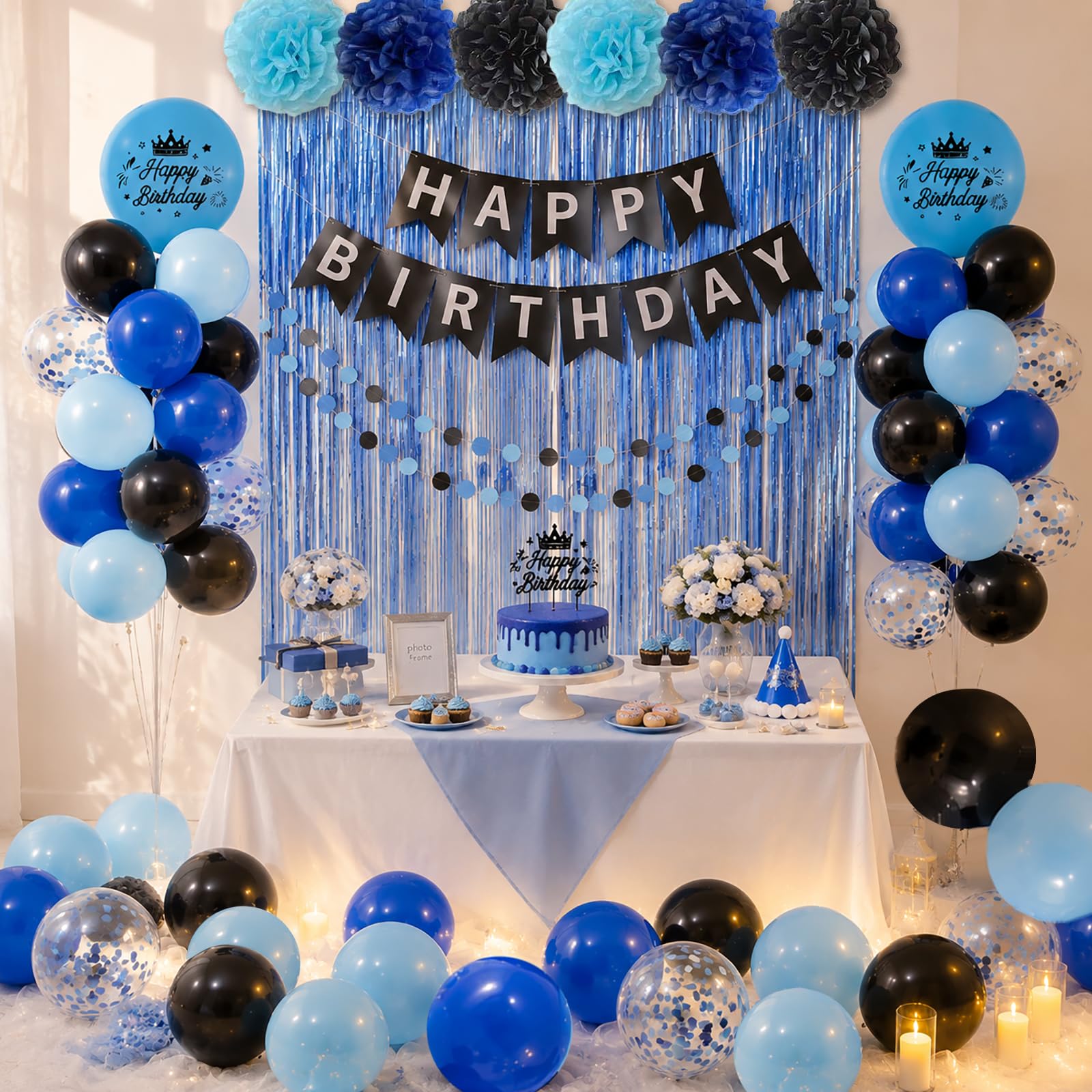 Blue Birthday Decorations for Men and Boys-12 Inch Blue And Black Balloons, Happy Birthday Banners, Fringe Curtain, Circle Dots Garland for Bd Decor
