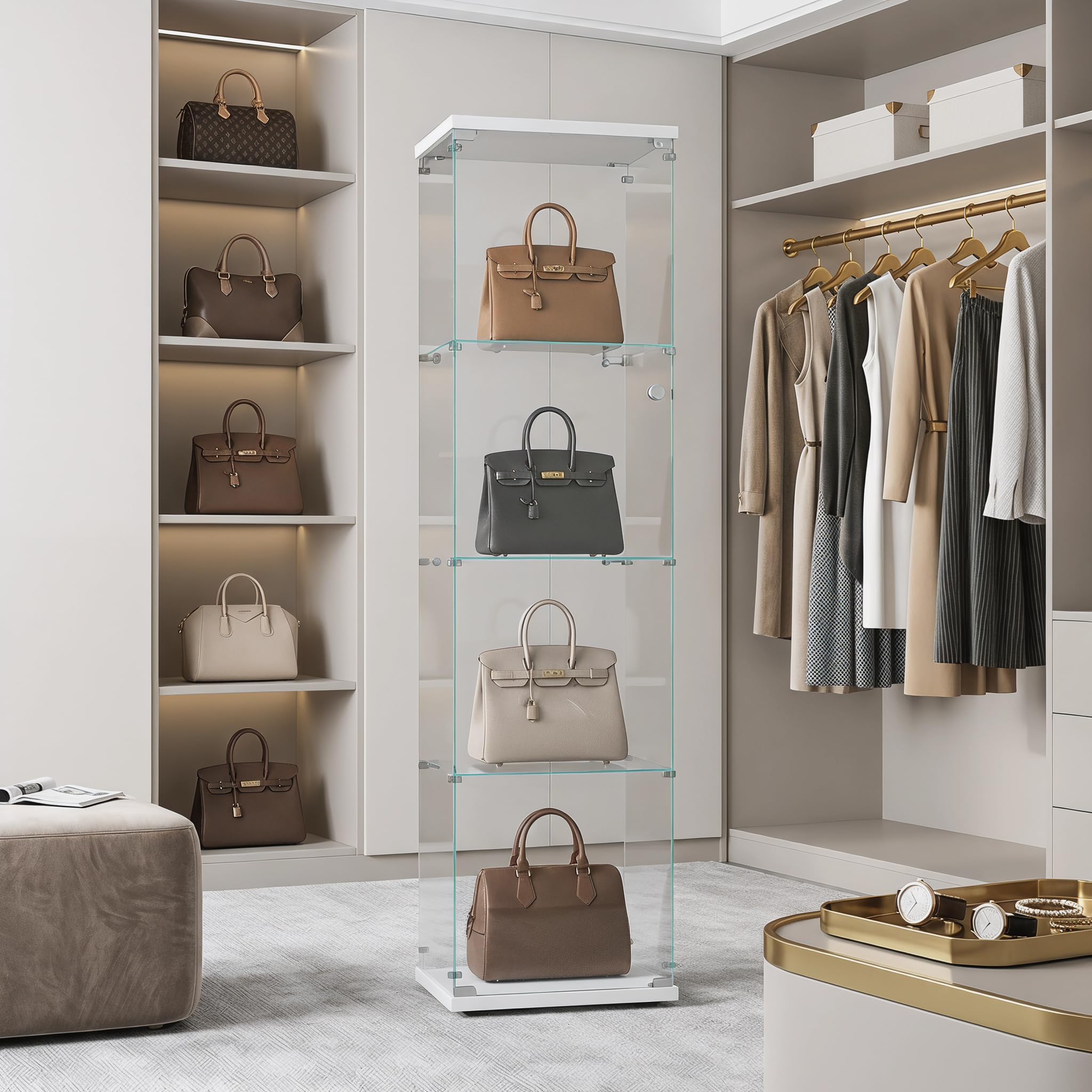 Vetrina in vetro per soggiorno, 164 x 42,5 x 36,5 cm, vetrina in vetro con serratura e porta, 4 ripiani, trasparente, grande, vetrina da collezione per soggiorno (4 strati