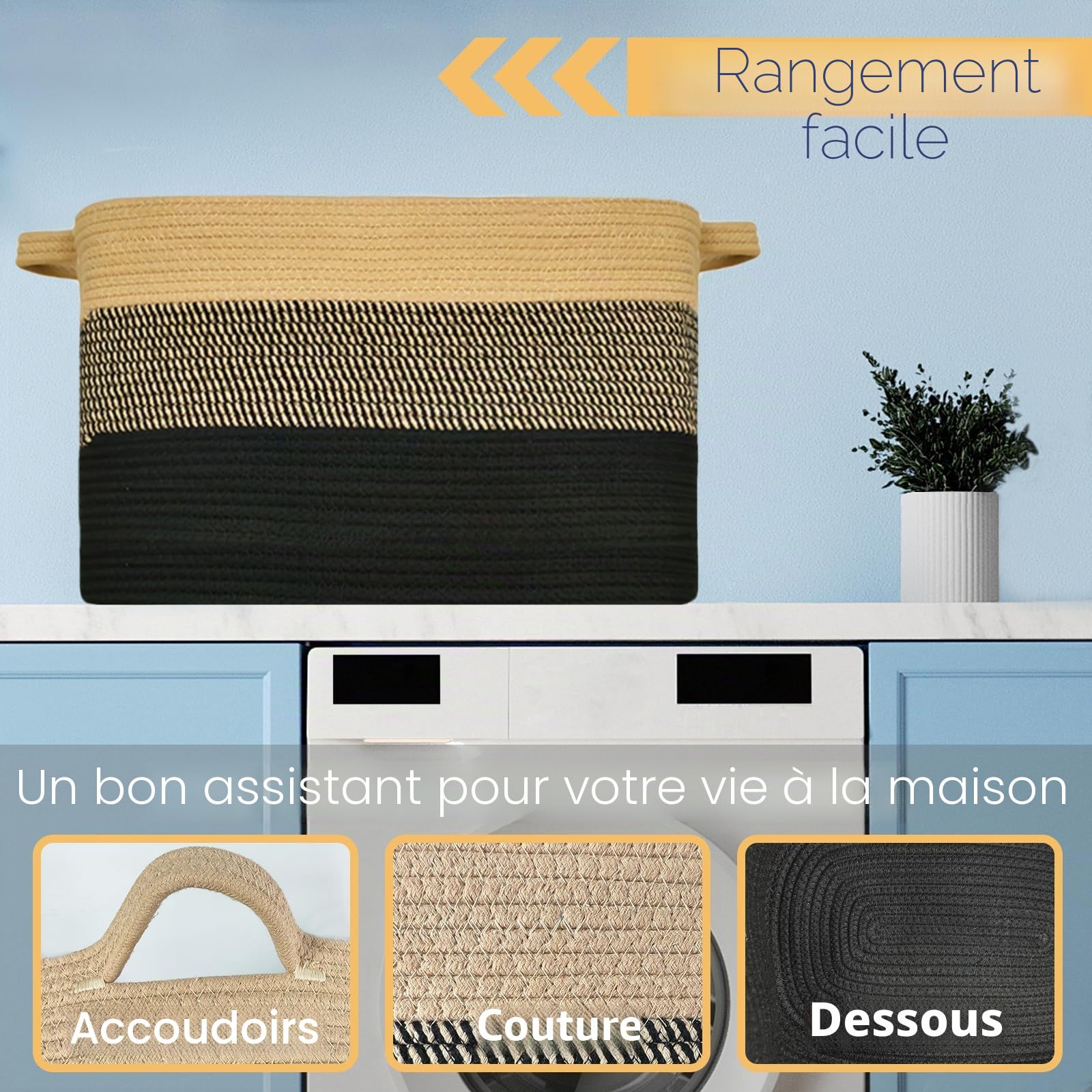 Panier de rangement, panier de rangement pour enfants avec poignées, grand panier de rangement pliable tressé en corde de coton pour salle de bain, chambre d'enfant (60x40 cm, brun+noir)
