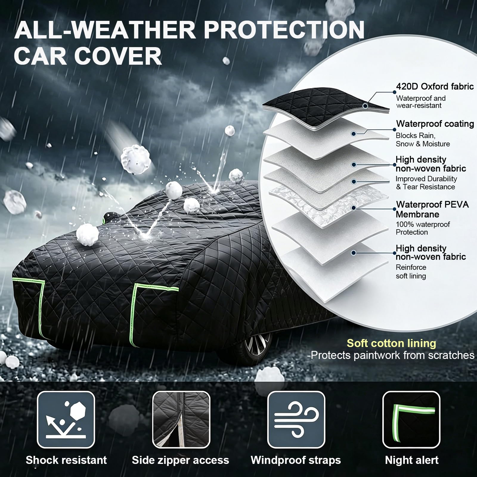 Funda Coche Antigranizo para Peugeot e-5008 (2024-2026) Espesado de 7 Capas, Forro Suave, Transpirable, Antiviento, Impermeable, Tejido Oxford, Anti-UV, 4 Estaciones