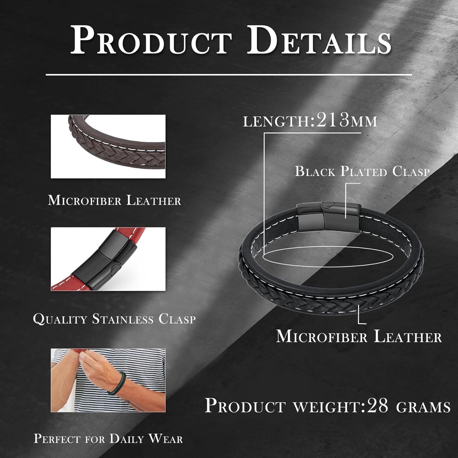 Mens Multi-Layer Leather Bracelet, Classic Bracelet for Men with Stainless Clasp - Image 6