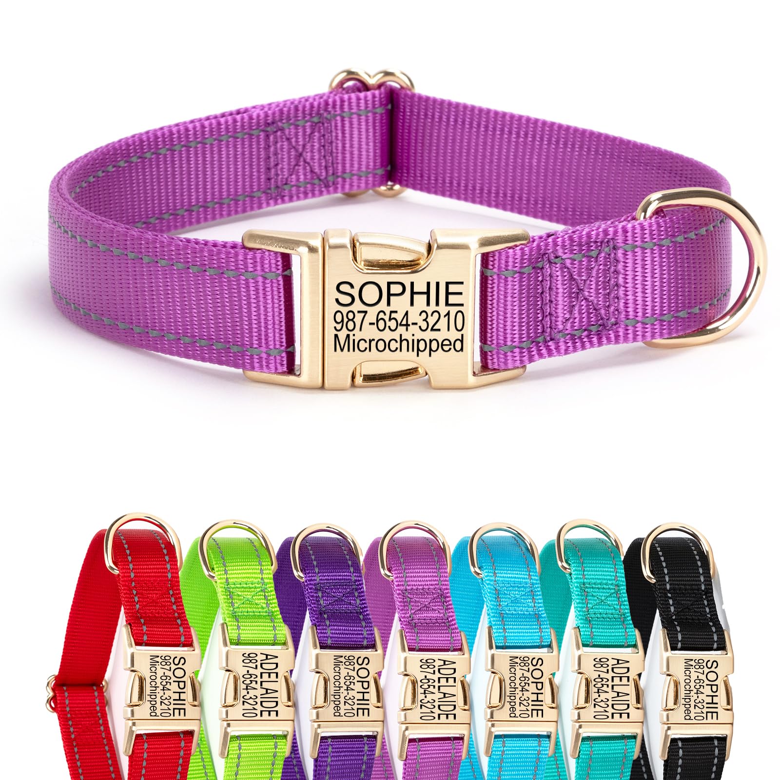 Personalized Reflective Nylon Dog Collar with Name Tag | Custom Engraved Golden Buckle Dog Collars | Metal Buckle Adjustable XS S M L XL Pet Collar for Small Medium Large Dogs（Purple） — image 1