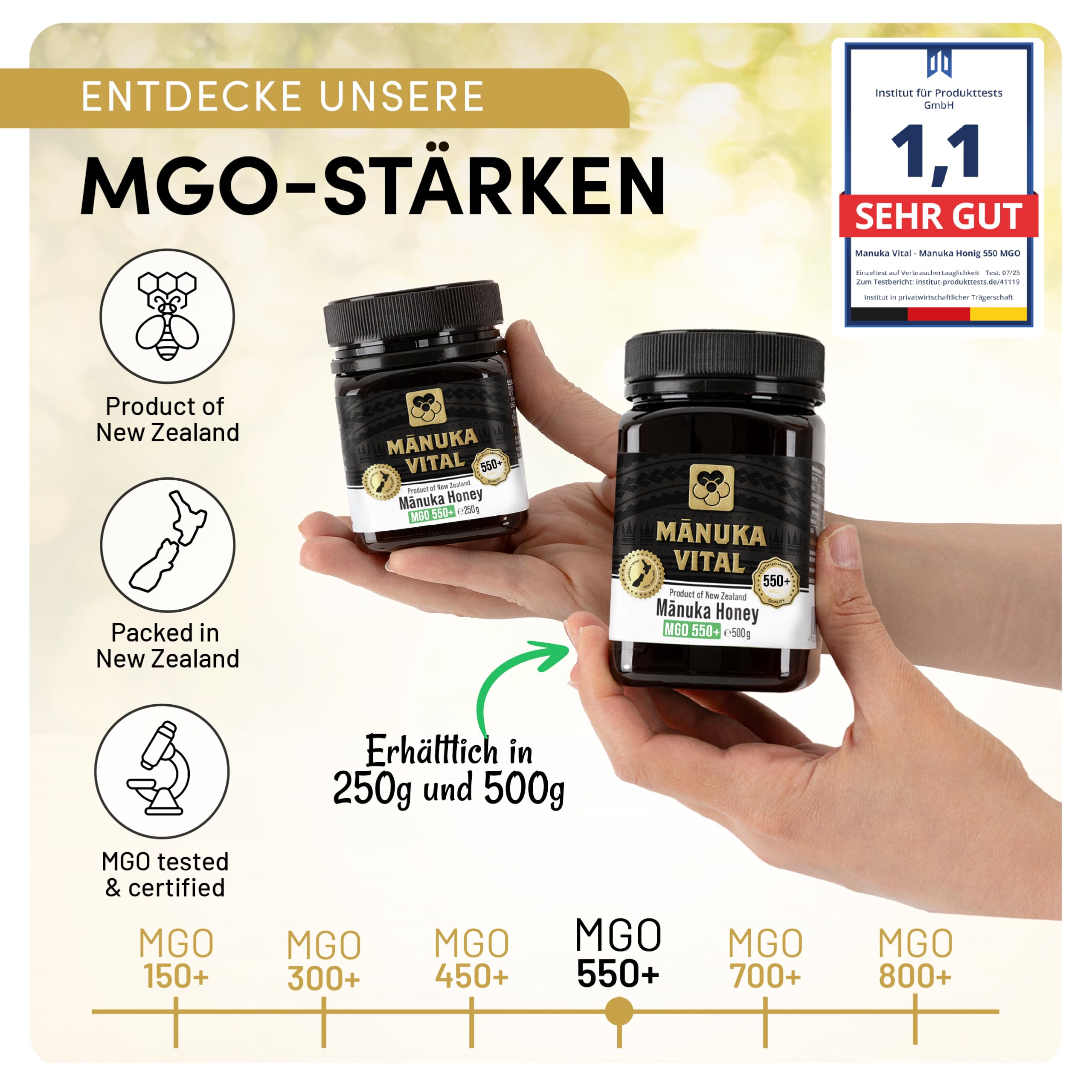 Manuka Vital MGO 550+ (500g) - 100% echter Premium Manukahonig aus Neuseeland mit zertifiziertem Methylglyoxal Gehalt - Manuka Honig mit Analyse-Zertifikat