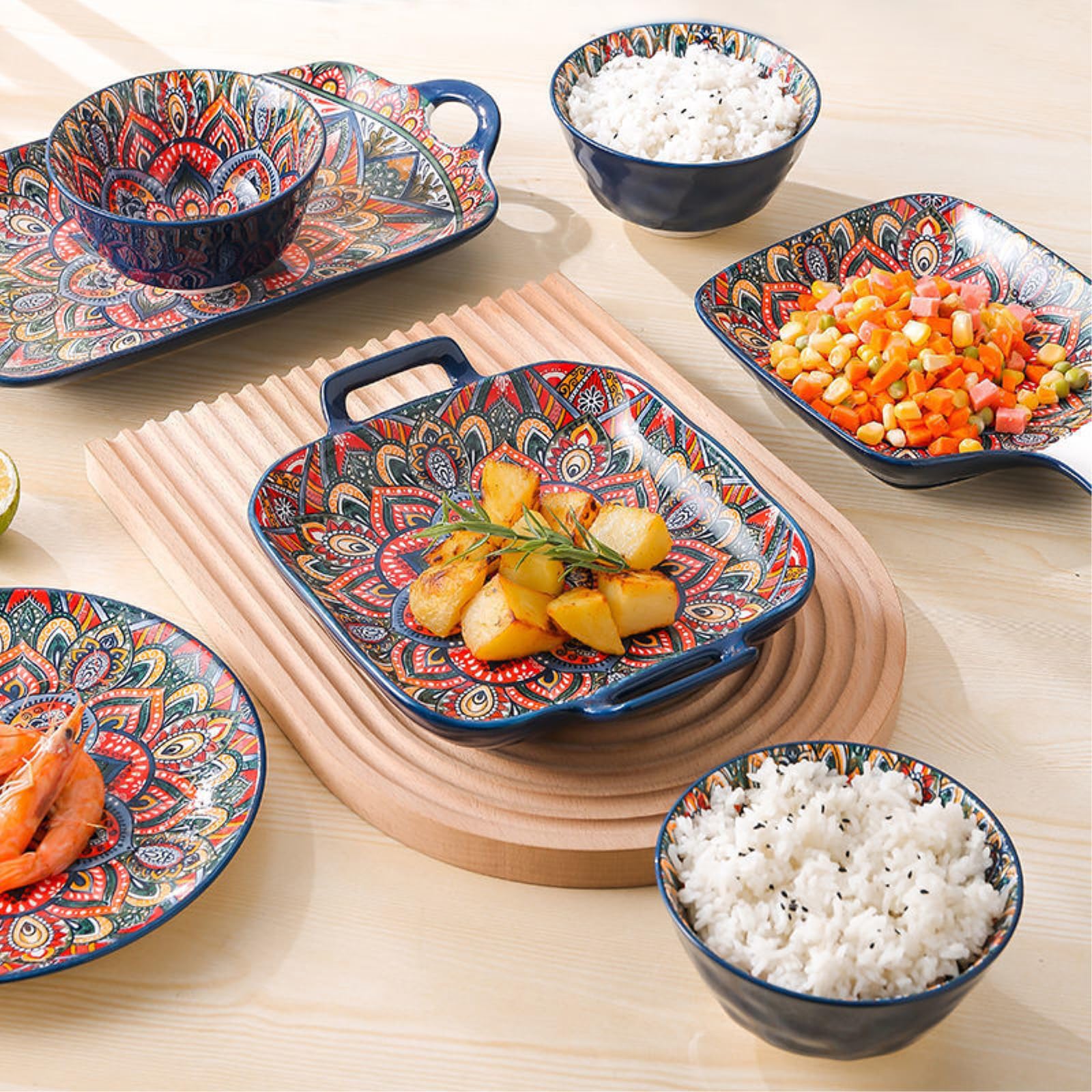 Ręcznie robione naczynia ceramiczne = domowa ręcznie malowana niebieska zastawa stołowa z wzorami retro - 30 cm dwuuszny prostokątny talerz