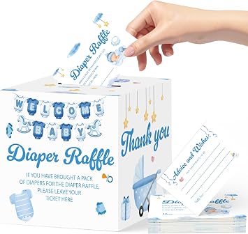Diaper Raffle Tickets with Box, Blue Bear Baby Shower Game Set, 50 Cards with Advice and Wishes Inserts for Baby Boy Shower Supplies, Gender Reveal Party Decorations