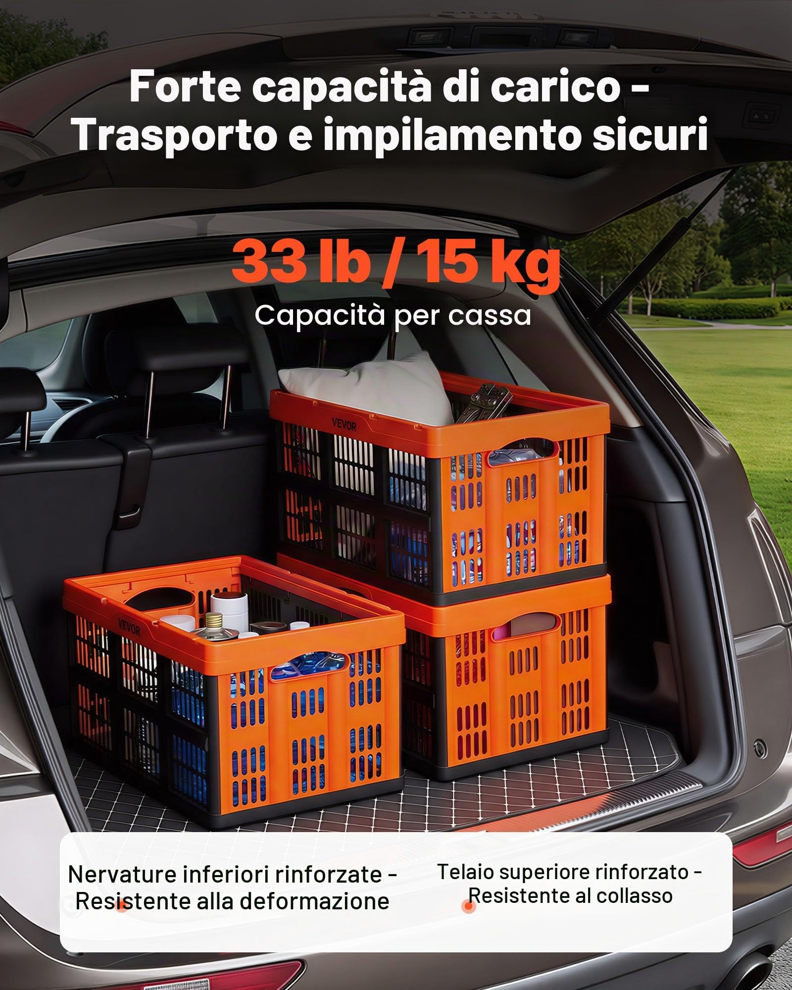 VEVOR Scatole Portaoggetti Pieghevoli in Plastica 45 L, Cassette Pieghevoli Impilabili con Maniglie, Confezione da 6, Portata Massima 15 kg, Cestini Contenitori Pieghevoli Resistenti e Salvaspazio