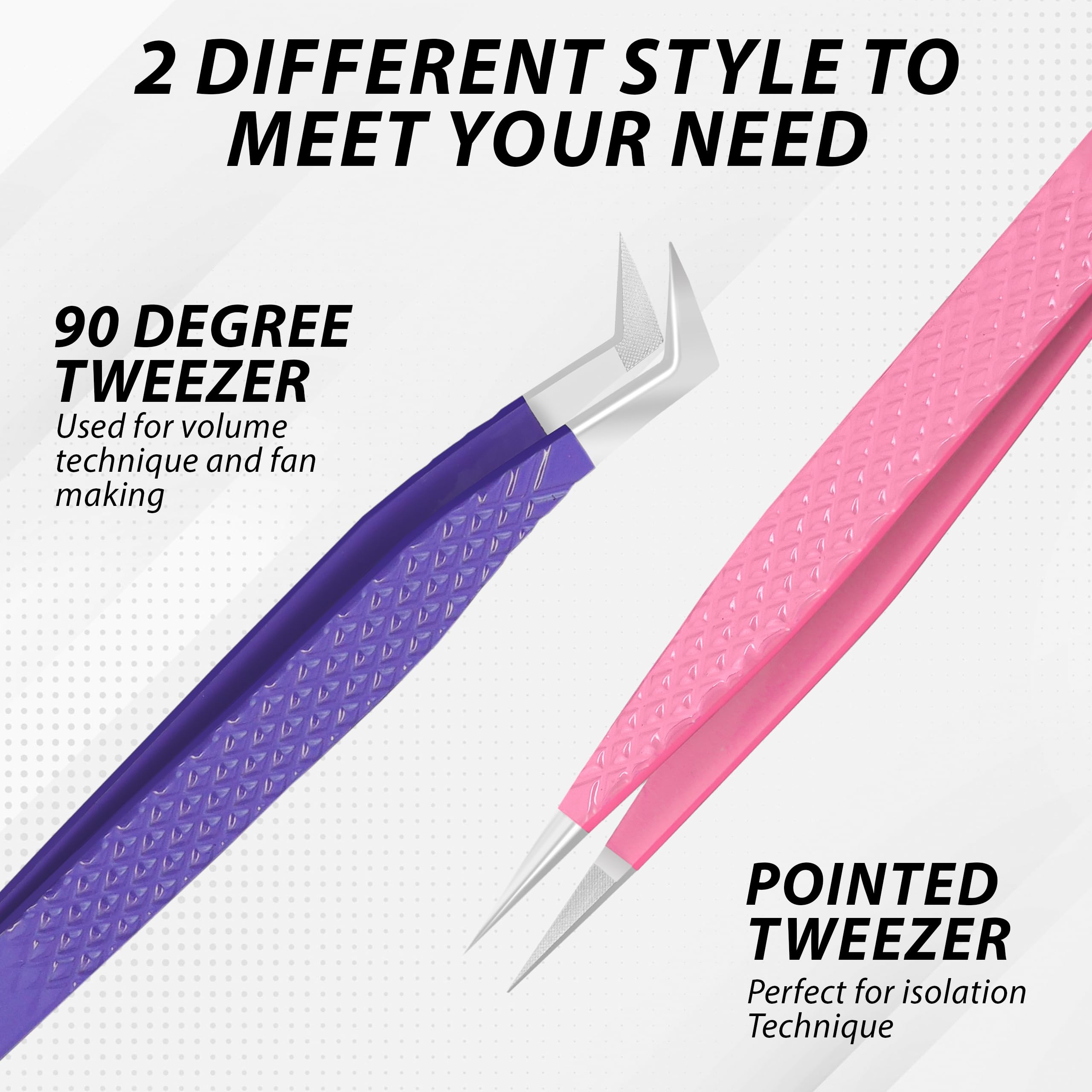 Fiber Tip Lash Tweezers-SialBE Diamond Grip Eyelash Tweezers, Straight and L-Shape Tweezers for Lash Extensions, 2 Pcs Stainless Steel Lash Extension Tweezers For Lash Experts and Personal Use