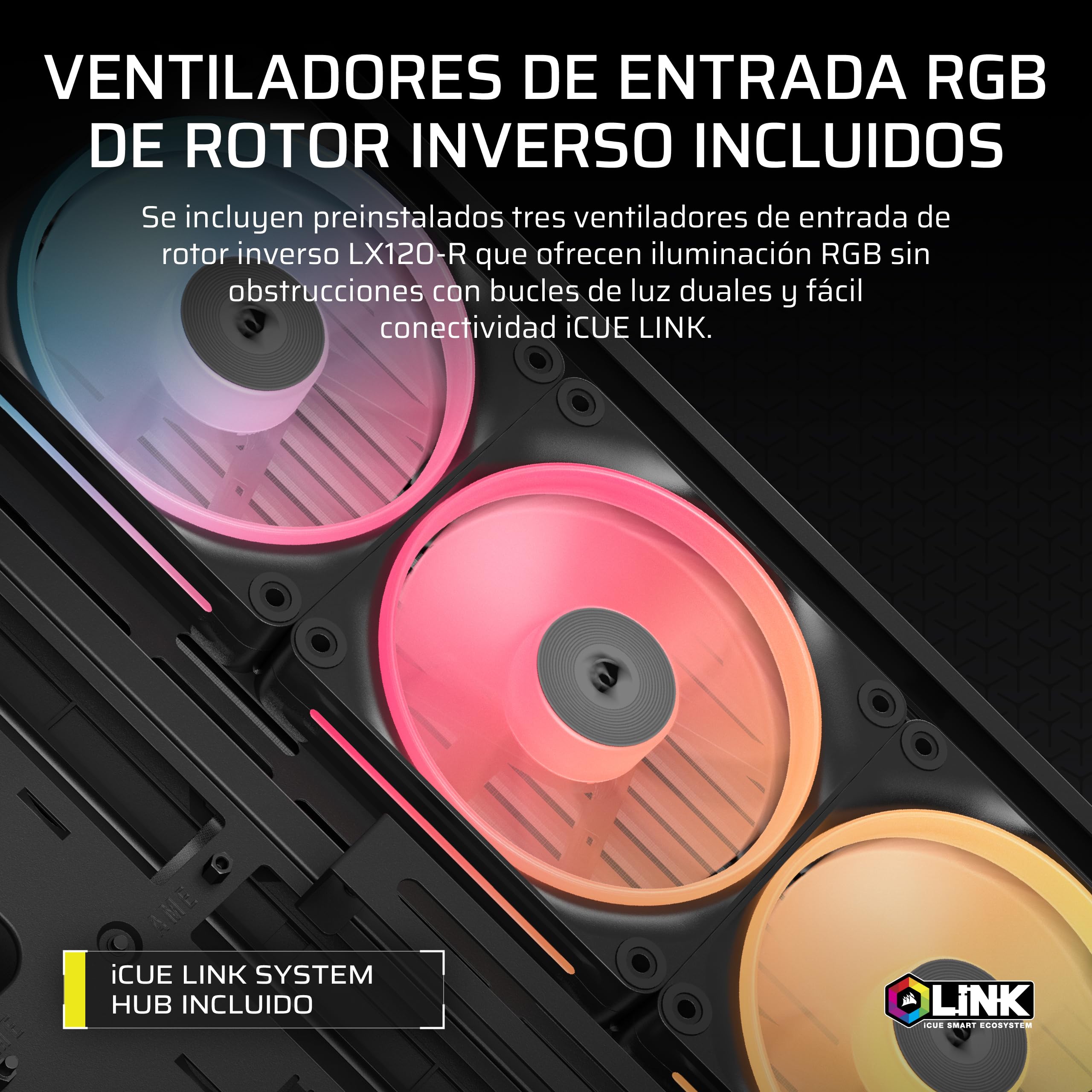 CORSAIR Frame 4500X LX-R RGB Link Caja de PC Semitorre con Cristal Panorámico – Sistema de Montaje de InfiniRail, Capacidad para Dos radiadores de 360 mm, Incluye 3 Ventiladores LX120R – Negro