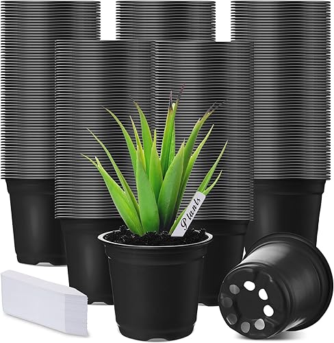 Nuenen 500 macetas de plástico de 4 pulgadas para vivero, vienen con 500 etiquetas para plantas, macetas de plástico impermeables, macetas de inicio