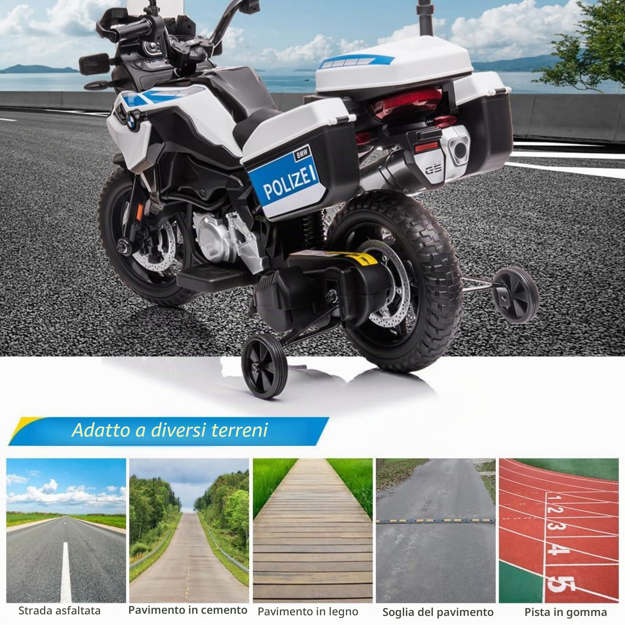 Motociclo elettrico bambino 12 V 7 Ah polizia, con musica MP3, fari LED, auto elettrica bambini per bambini in età prescolare, moto bambino da 3 a 8 anni per giardino ed esterno