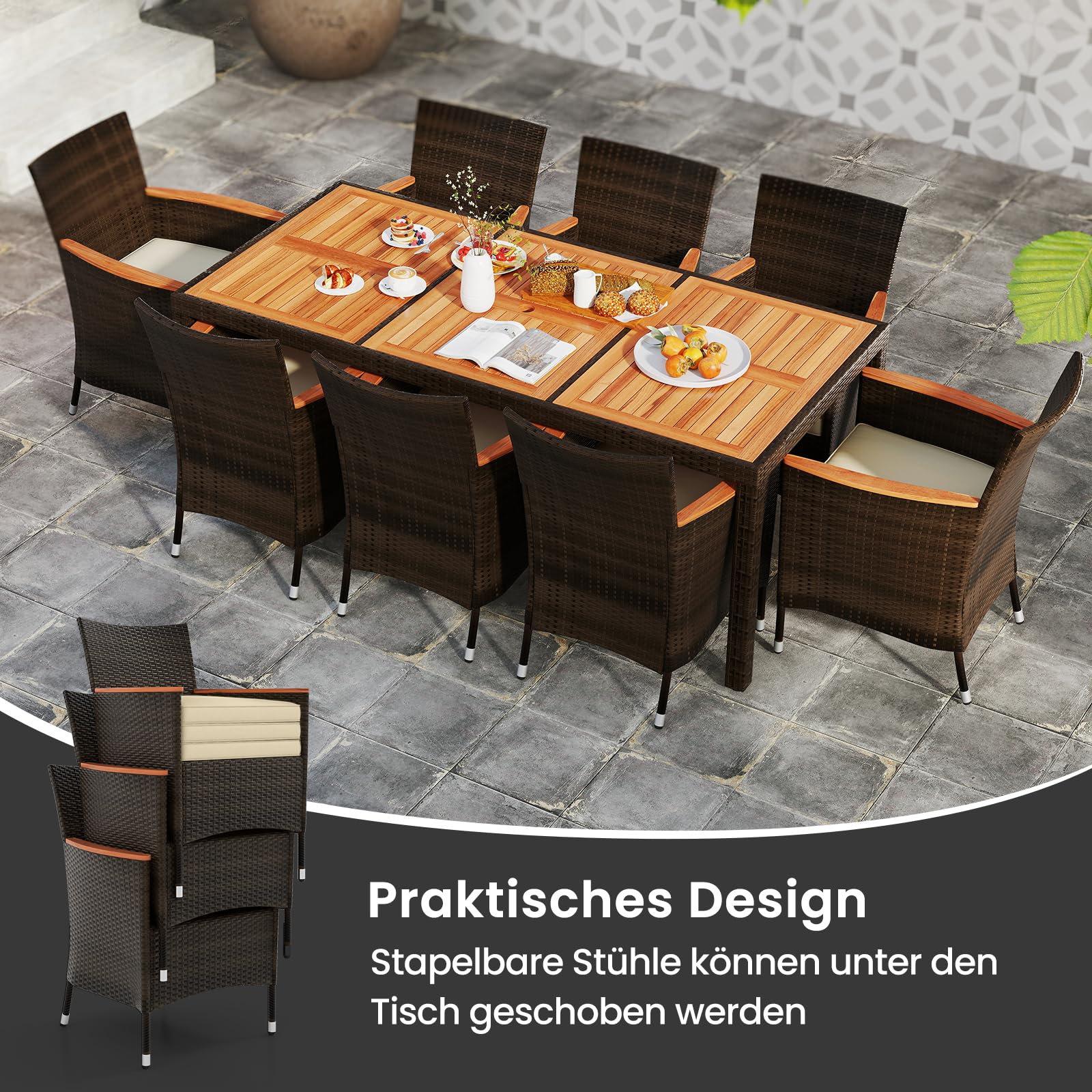 SOARS Gartenmöbel Set 8 Personen Rattan, Gartengarnitur mit Akazienholz Gartentisch, Schimloch & Stapelbare Stühle inkl. Kissen, Garten Sitzgruppe Essgruppe für Innen & Außen