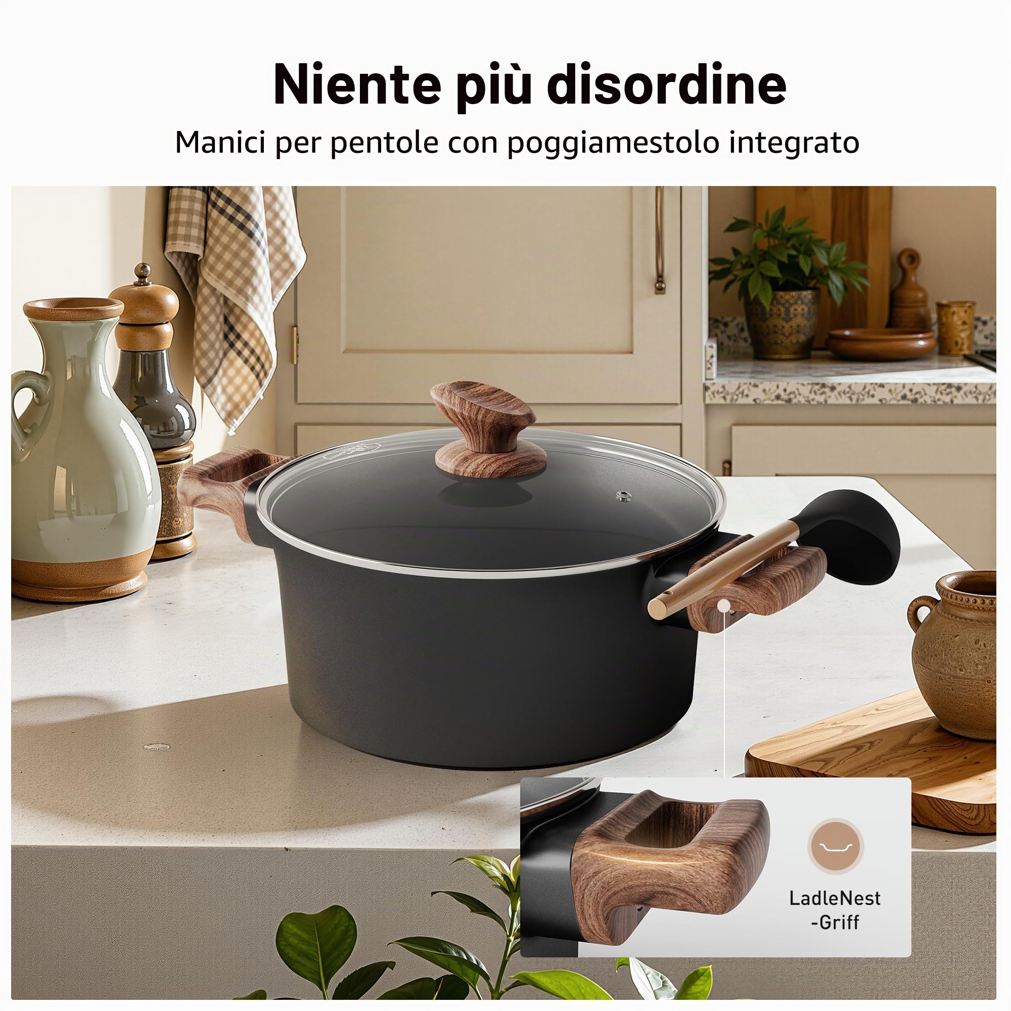 Kitchen Academy - Set di Pentole e Padelle a Induzione, in Ceramica, con Rivestimento Antiaderente, in Alluminio, Set di Pentole Antiaderenti con Coperchio 2 Utensili in Silicone (Nero, 10 pezzi)