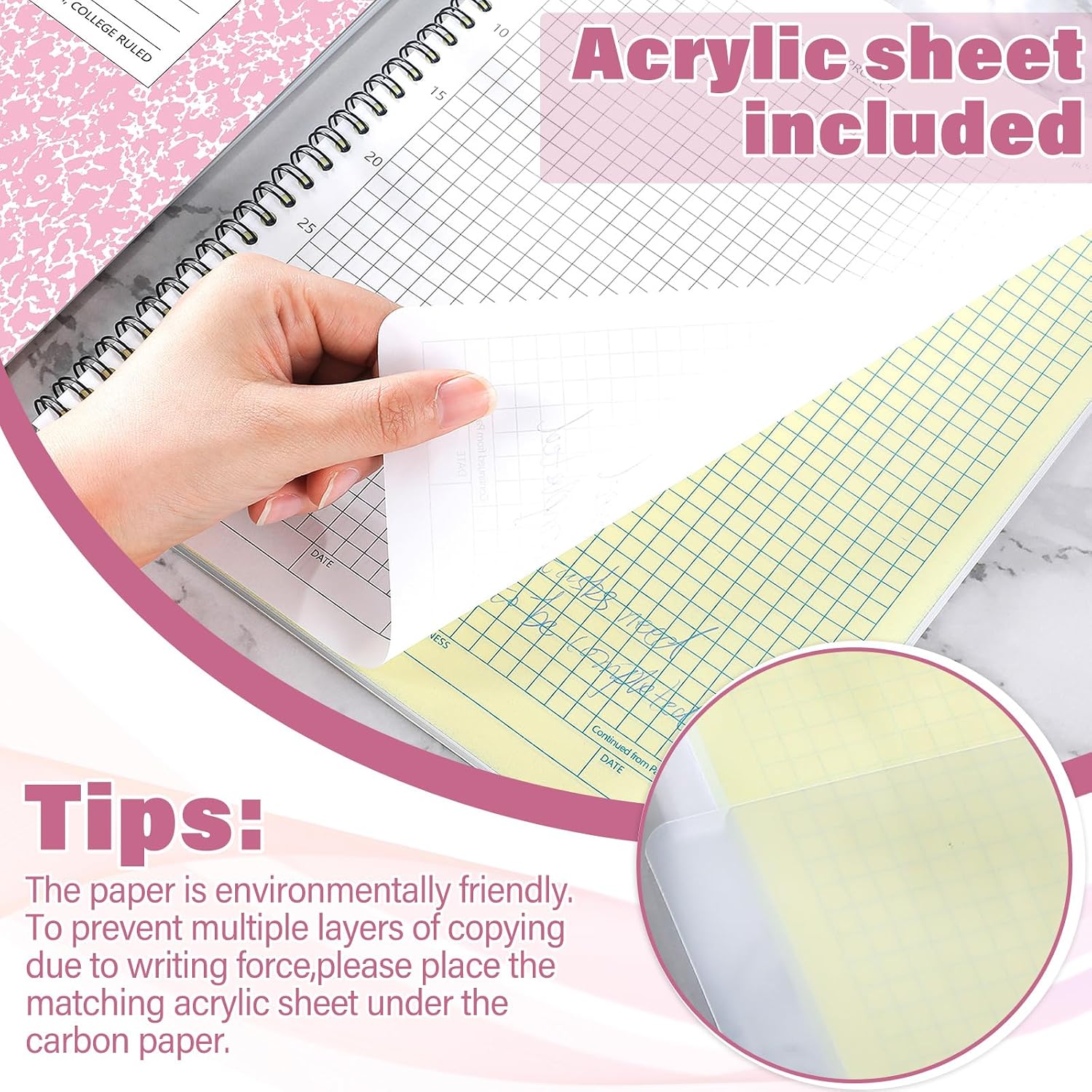 Affrolling 2 Pack Carbonless Lab Notebook Carbon Copy 8.5'' x 11'' 50 Sets of Pages 100 Pages Total Laboratory Engineering Chemistry Computation Notebook Science Grid Coil Binding(Pink and White)
