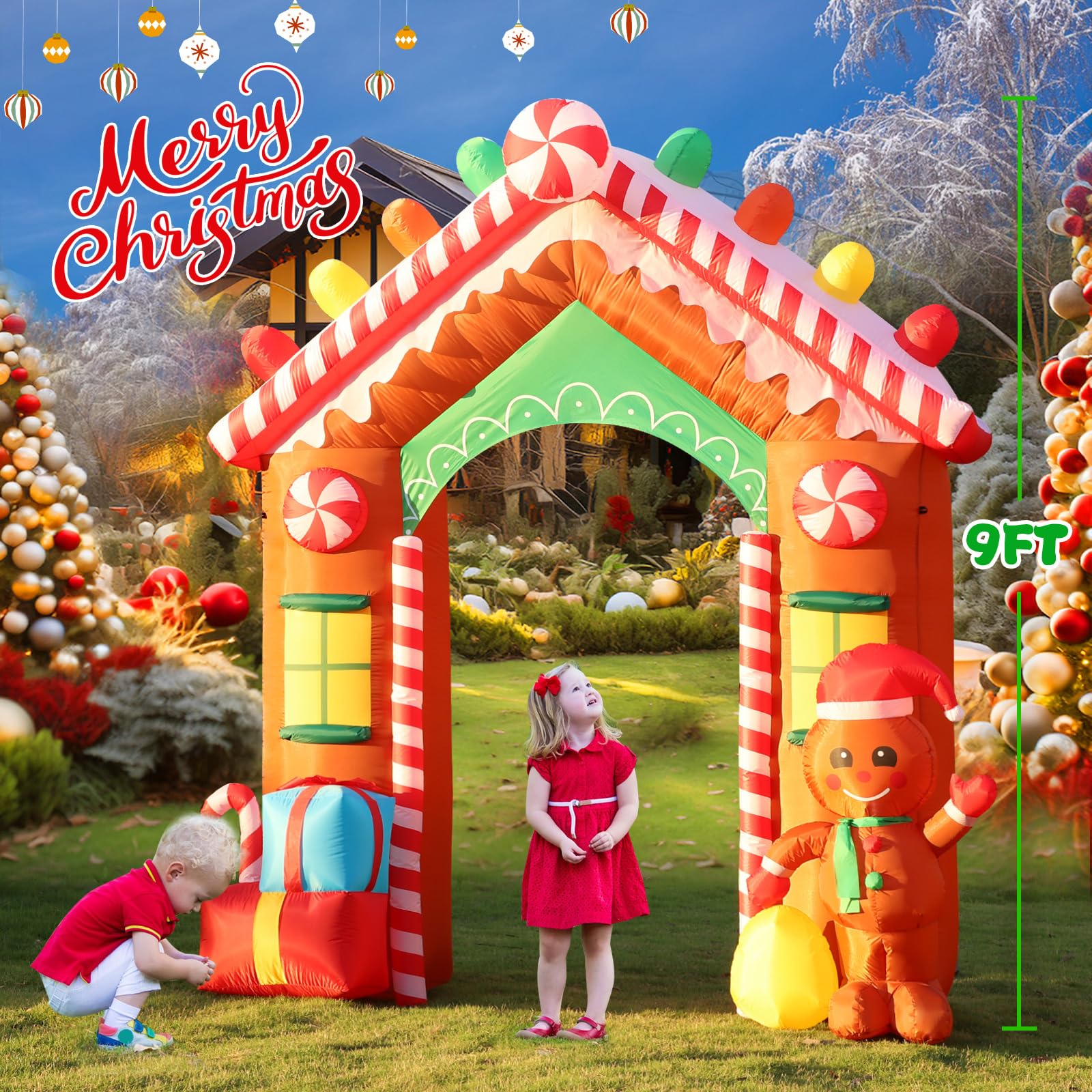 9FT Arco de Navidad Inflable, Decoración Navideñas Inflables Hombre de Jengibre, 270CM Navideña Decoración con Luces LED, Iluminación Navideña Exteriores, Porche, Hogar, Patio, Césped, Jardín, Fiestas