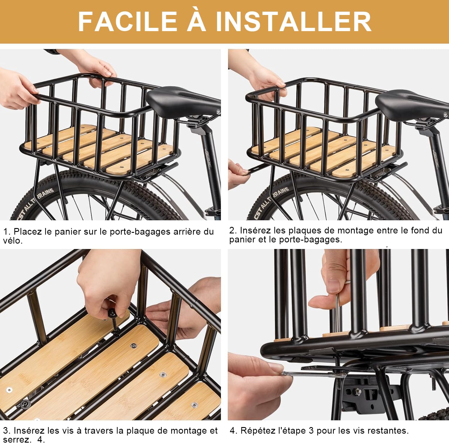 CXWXC Panier arrière de vélo – Grand panier porte-bagages avec fond en bois, housse imperméable et filet cargo haute capacité de charge