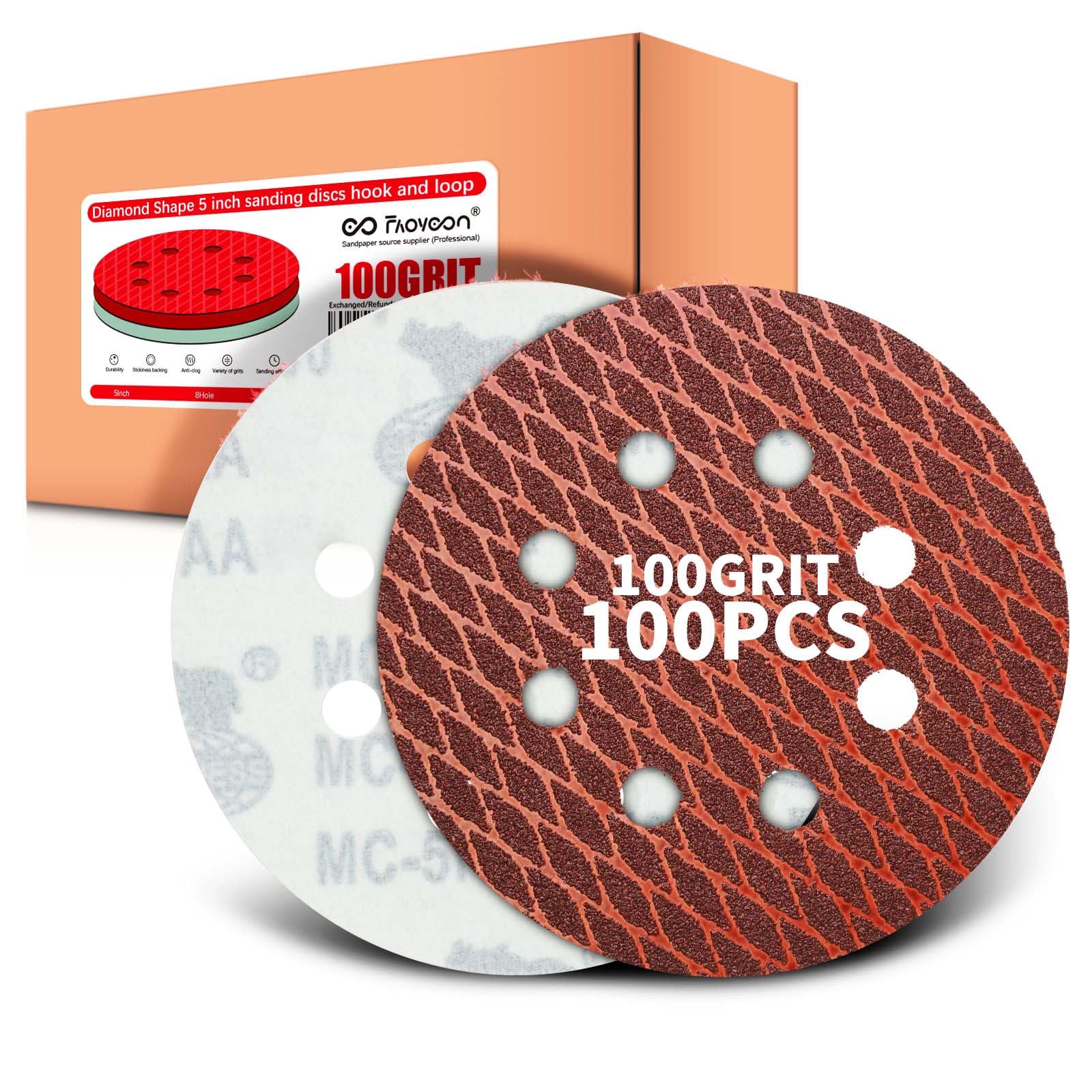 Faoyoon 100 grit Sanding Disc 5 Inch 8 Hole Hook and Loop, Diamond Shape Sand Paper for Woodworking & Automotive etc, Sanding Pads for Random Orbital