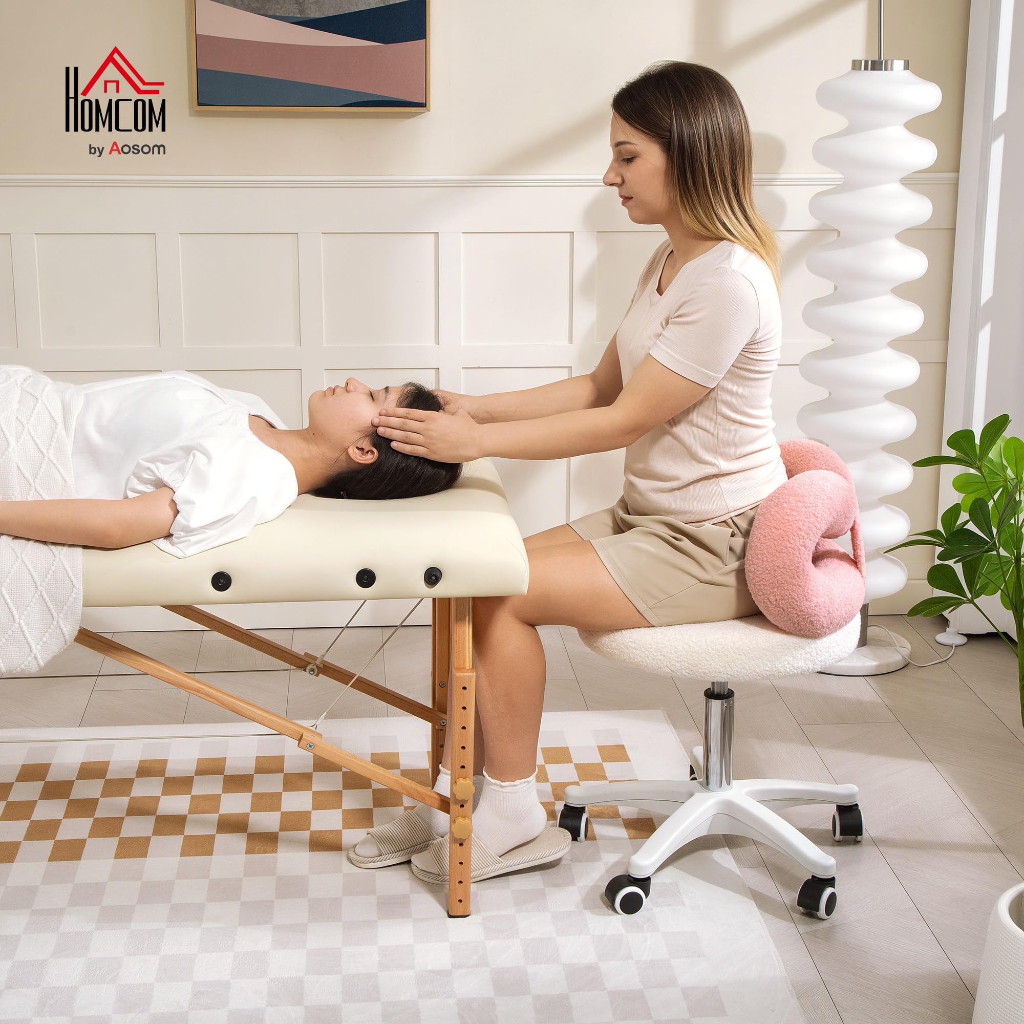 HOMCOM Taburete Giratorio con Respaldo con Ruedas 63-77 cm Blanco y Rosa | Taburete con Ruedas, Altura Regulable, Tapizado en Tejido de Borreguito, para Oficina Tocador Salones Talleres Spa Masaje