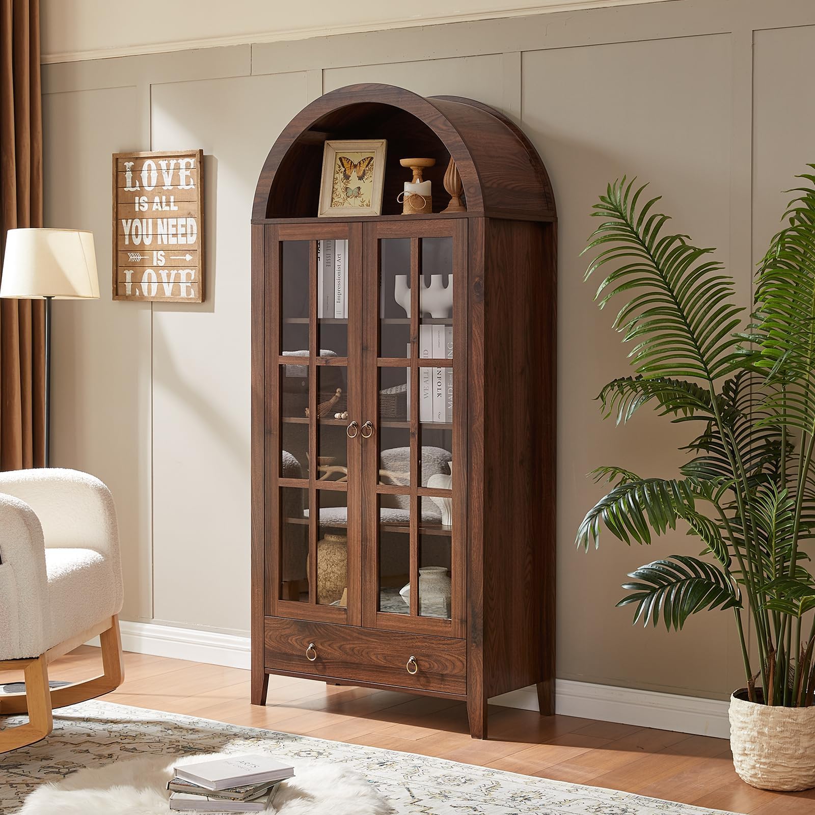 71" Tall Arched Cabinet, Modern Farmhouse Wooden Display Cabinet with Drawer and Glass Doors, 6 Tier Bookshelf w/Adjustable Shelves for Living Room, Office, Walnut