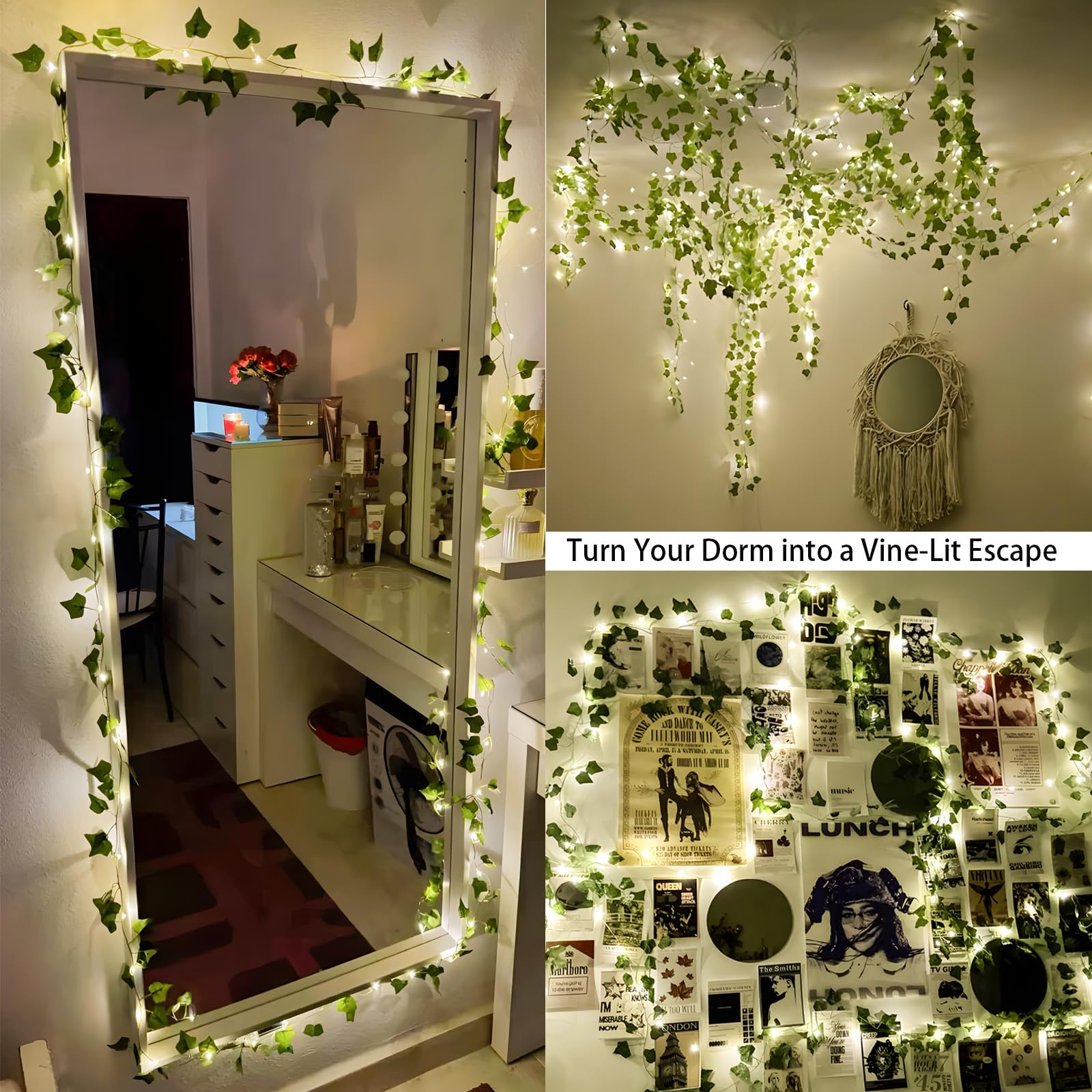 YOUNGAR Efeu-Ranken mit Lichterkette, Blatt-Lichterkette, batterie-/USB-betrieben, 73 LEDs, für Schlafzimmer, Wand, Zimmer, Hochzeit, Geburtstag, Garten, Party, Wanddekoration, Warmweiß
