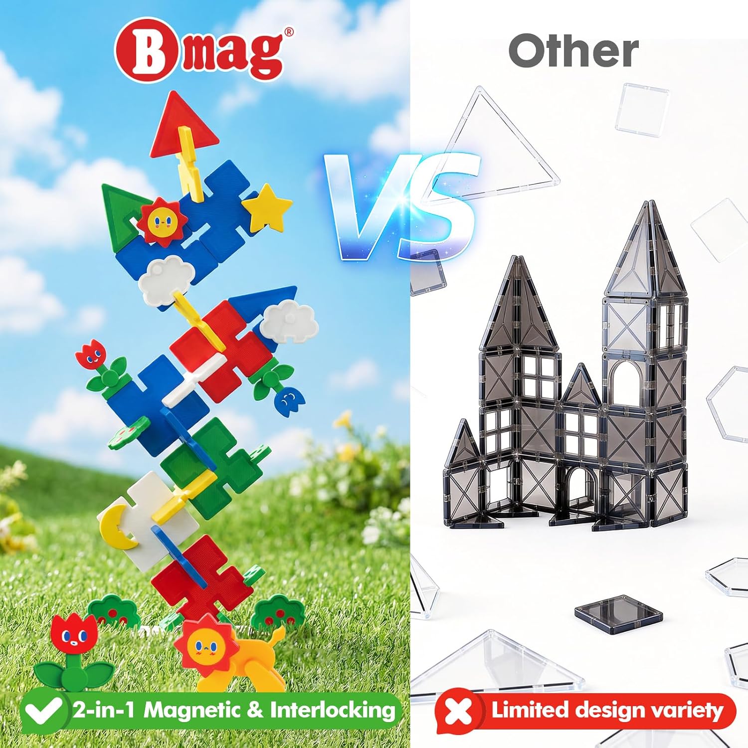 Bmag Magnetic Tiles 58PCS,Groove Interlocking Design Magnet Building Blocks with Lion, Sun,Cloud & Grass,STEM Toys for Toddlers 3+, Preschool Learning Gift for Boys & Girls