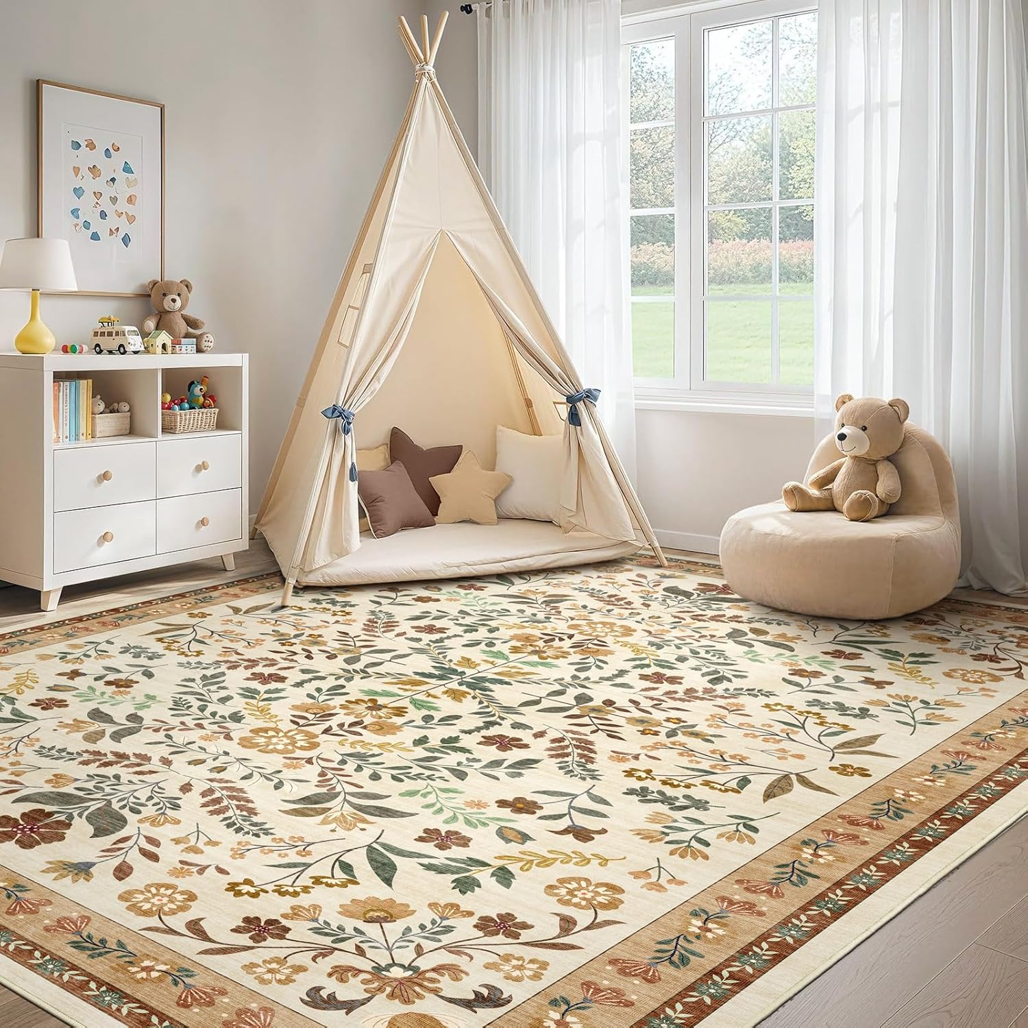 Floral Washable Rug 5' x 8' Beige Area Rugs for Bedroom Low Pile Faux-Wool Carpet Ultra Soft Non-Slip Machine Indoor Rug for Living Room, Dining Room, Nursery, Kids Playroom Boho Design